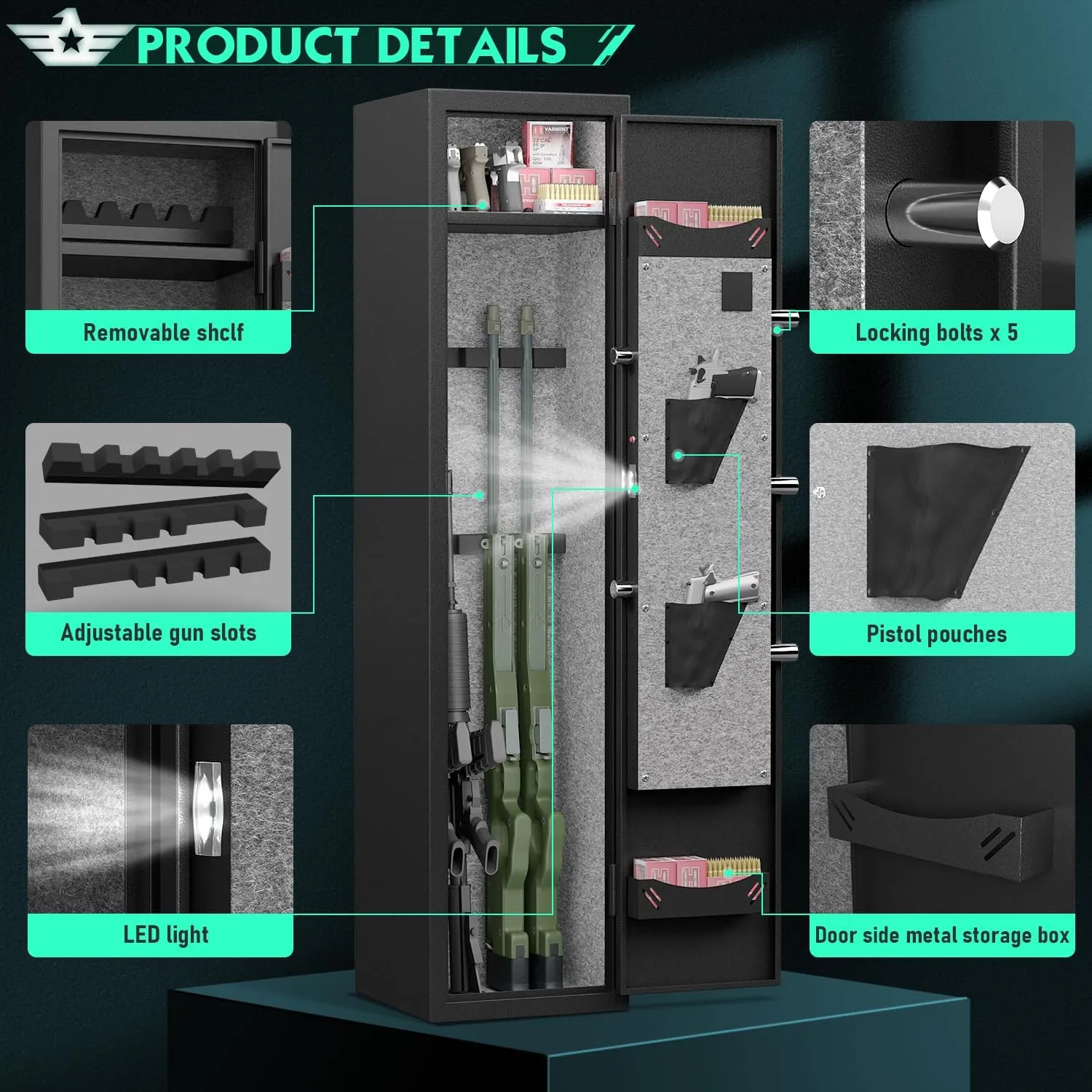 5-8 Gun Safe, Digital Large Gun Safe for Home Rifle and Shotguns, Quick Access Gun Cabinets with LED Light, Rifle Gun Safes with Adjustable Gun Rack and Removable Shelf