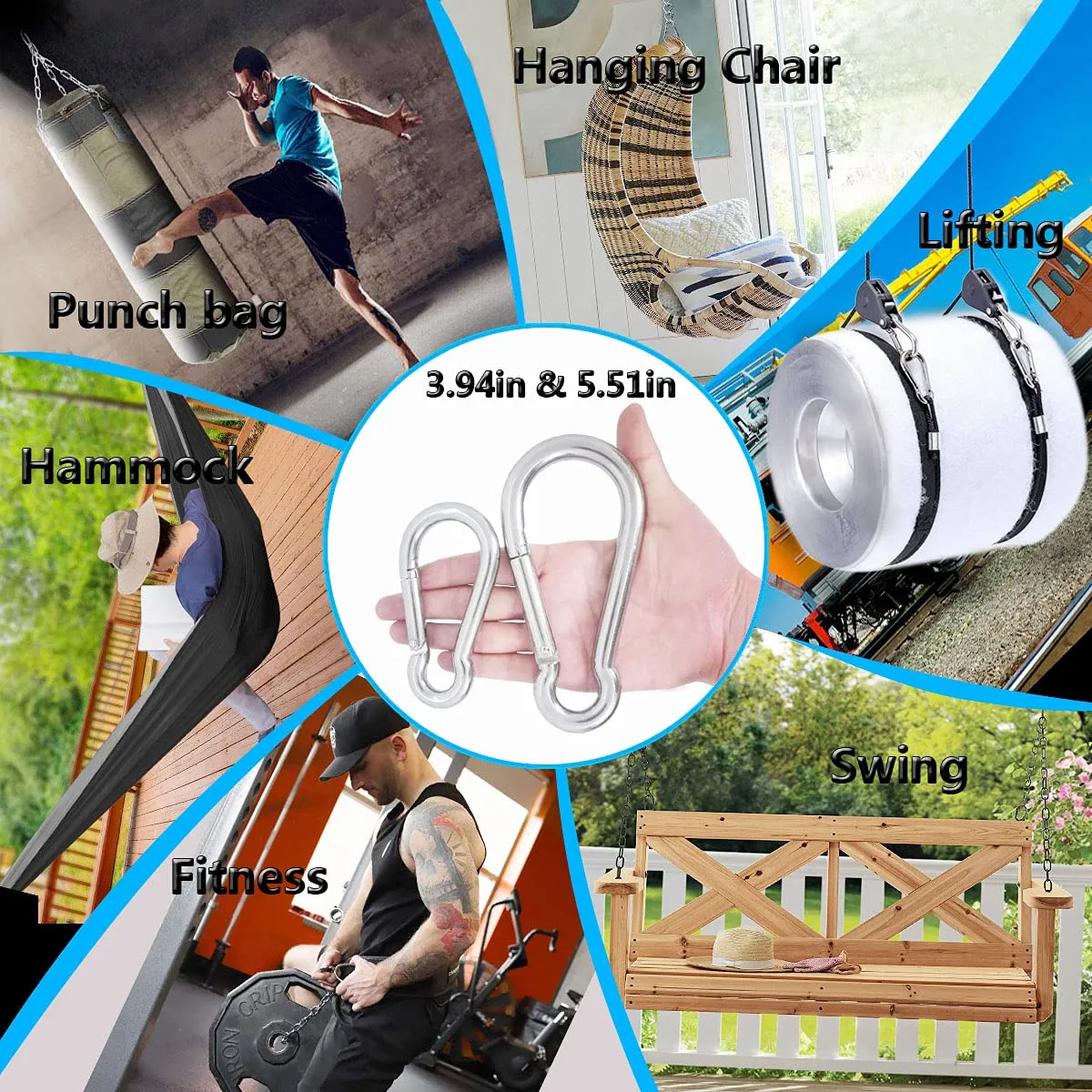 5 Inch 4 Inch Large Spring Snap Hooks, Ekunbuy Heavy Duty Rope Connector 304 Stainless Steel Hook Spring Clips Link Buckle 1/2 3/8 Clip for Hammock Swing Outdoor Travel 5.5 Inch-6 PCS