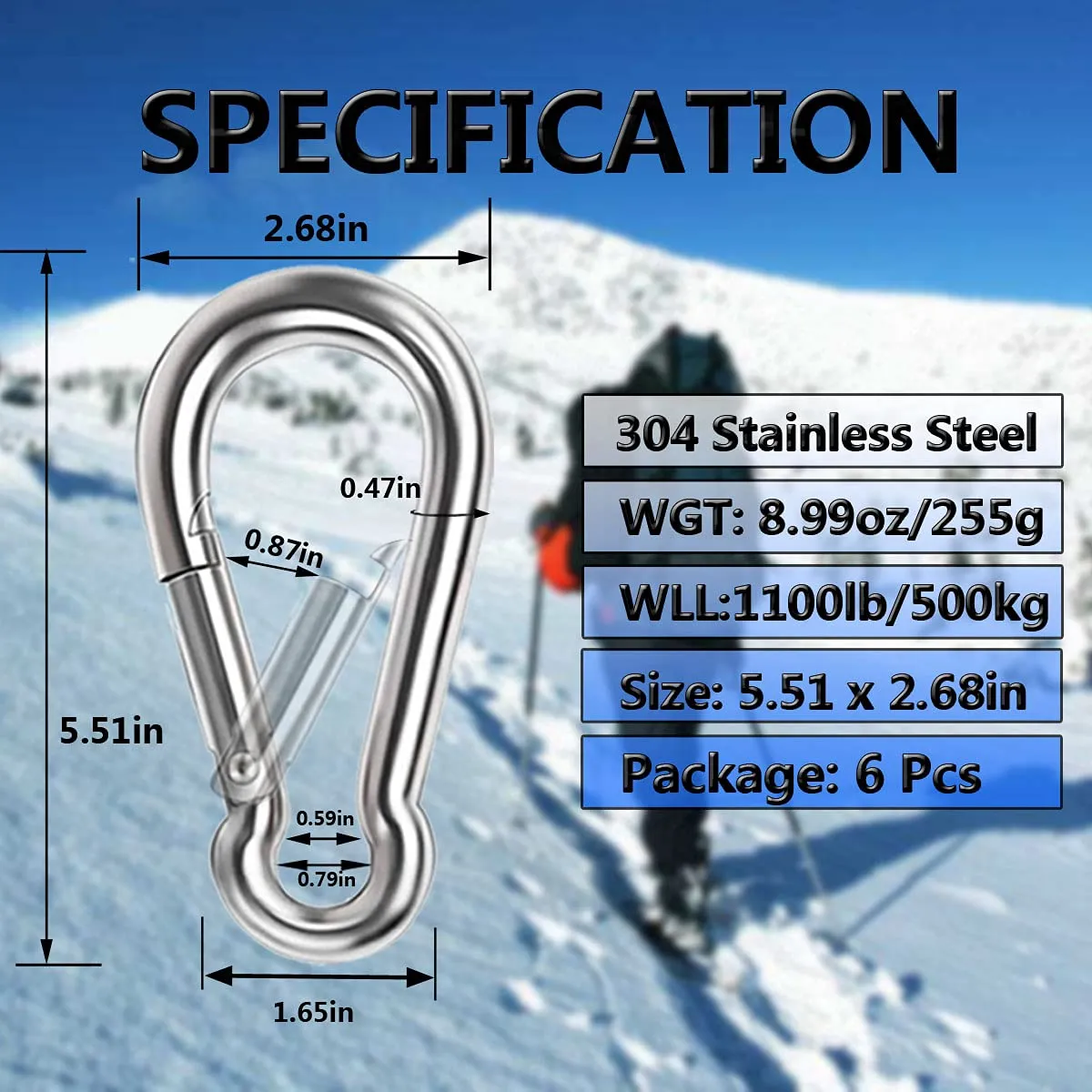 5 Inch 4 Inch Large Spring Snap Hooks, Ekunbuy Heavy Duty Rope Connector 304 Stainless Steel Hook Spring Clips Link Buckle 1/2 3/8 Clip for Hammock Swing Outdoor Travel 5.5 Inch-6 PCS