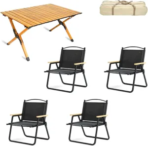 5-pcs Portable Camping Table and Chairs, Folding Aluminum Roll-up Picnic Backpacking Table with Lightweight Lawn Chairs and Carrying Bag, Easy Carrying