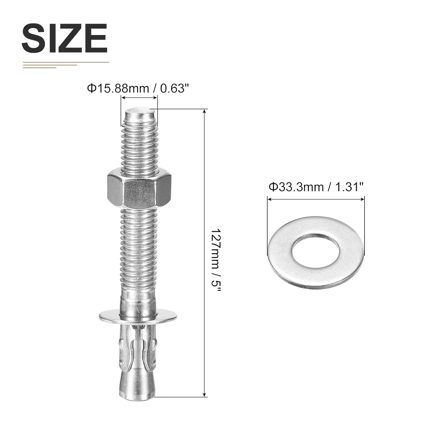 5/8" x 5" Wedge Anchors - 20Pack - Good for Cement and Concrete Wall - 304 Stainless Steel Zinc Plated Screw Bolt Nut Expansion Tube Fasteners