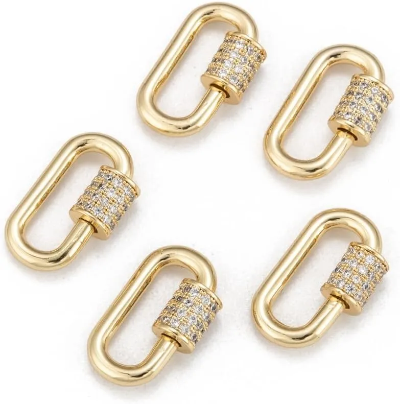 5Pcs Golden Screw Carabiner Lock Charms Brass Micro Pave Cubic Zirconia Oval Quick Links Clasp for Jewelry Making