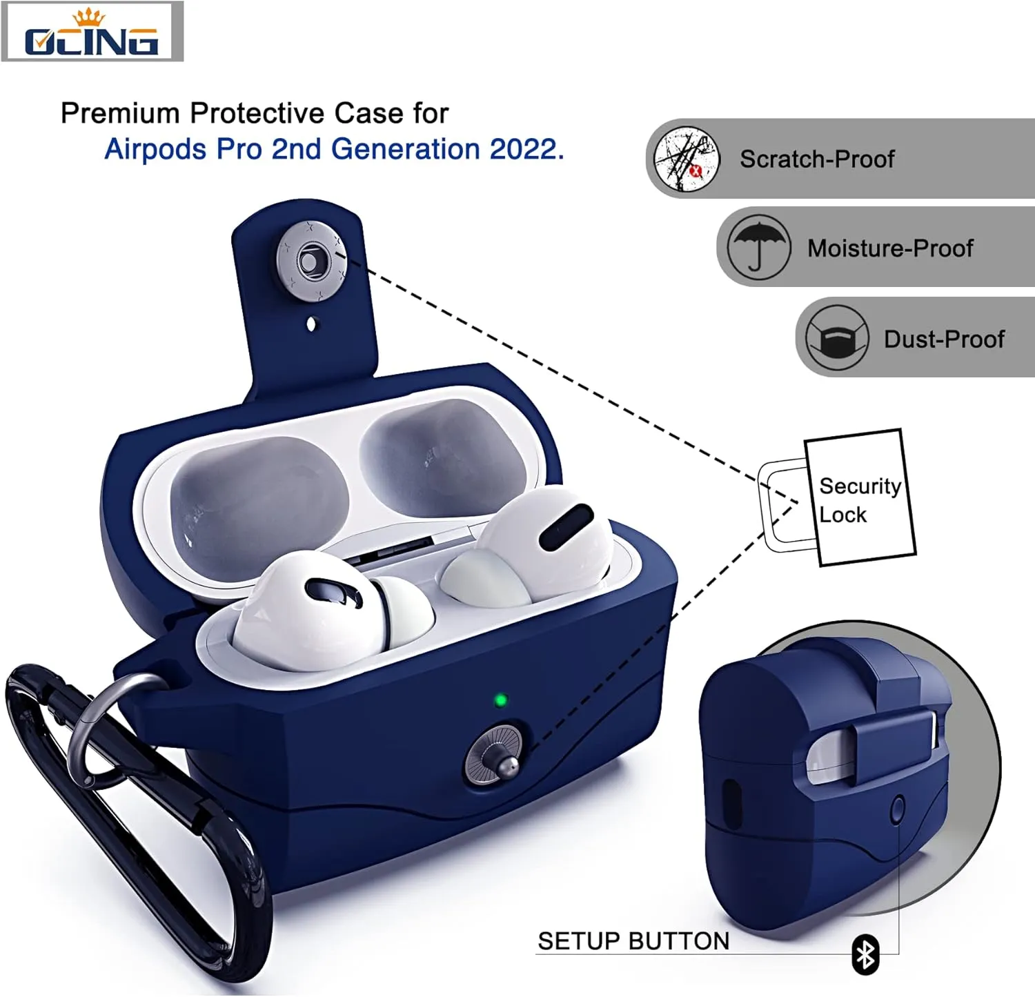 6 in One for Airpods Pro Case (2024/2023/2022/2019, 3rd/2nd/1st Gen), Soft Silicone Skin for AirPods Pro 2nd Generation Case with Secure Lock, Supports (USB-C) & Wireless Charging, NavyBlue