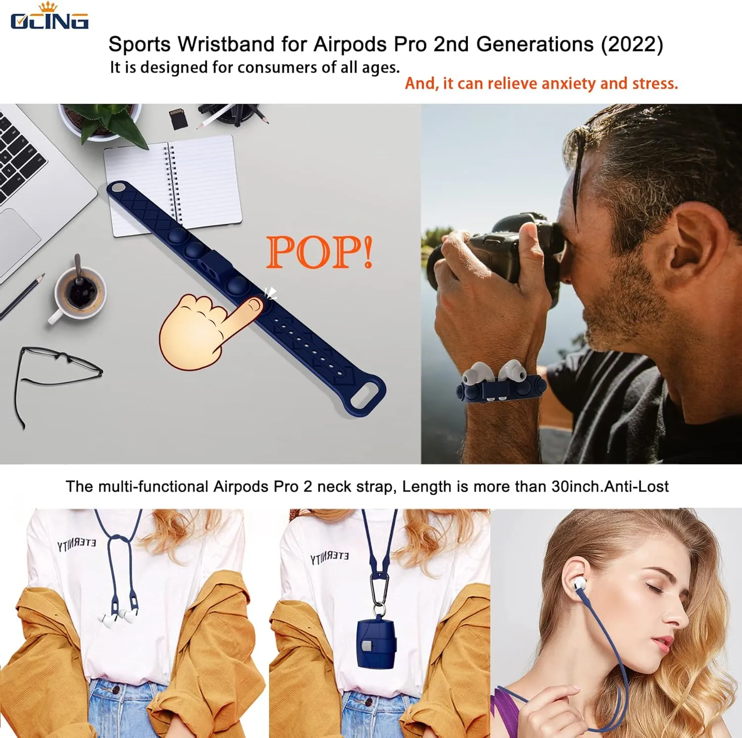 6 in One for Airpods Pro Case (2024/2023/2022/2019, 3rd/2nd/1st Gen), Soft Silicone Skin for AirPods Pro 2nd Generation Case with Secure Lock, Supports (USB-C) & Wireless Charging, NavyBlue