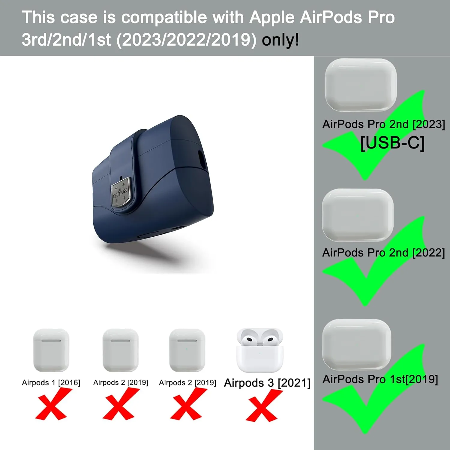 6 in One for Airpods Pro Case (2024/2023/2022/2019, 3rd/2nd/1st Gen), Soft Silicone Skin for AirPods Pro 2nd Generation Case with Secure Lock, Supports (USB-C) & Wireless Charging, NavyBlue