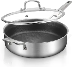 7 Quarts Saute Pan with Lids, Nonstick 12 Inch Deep Frying Pan, Tri-Ply Large Skillet with Lid with Stay Cool Handle, Dishwasher, Metal Utensil Safe, Suit for All Stove Up to 600℉ Compatible