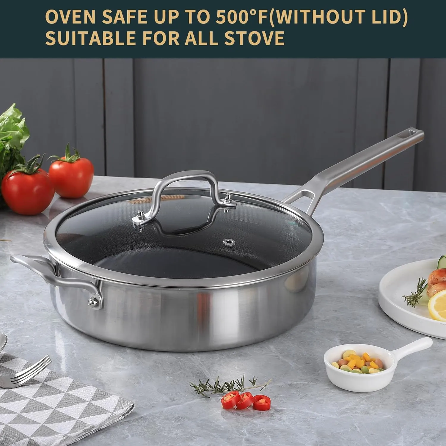 7 Quarts Saute Pan with Lids, Nonstick 12 Inch Deep Frying Pan, Tri-Ply Large Skillet with Lid with Stay Cool Handle, Dishwasher, Metal Utensil Safe, Suit for All Stove Up to 600℉ Compatible