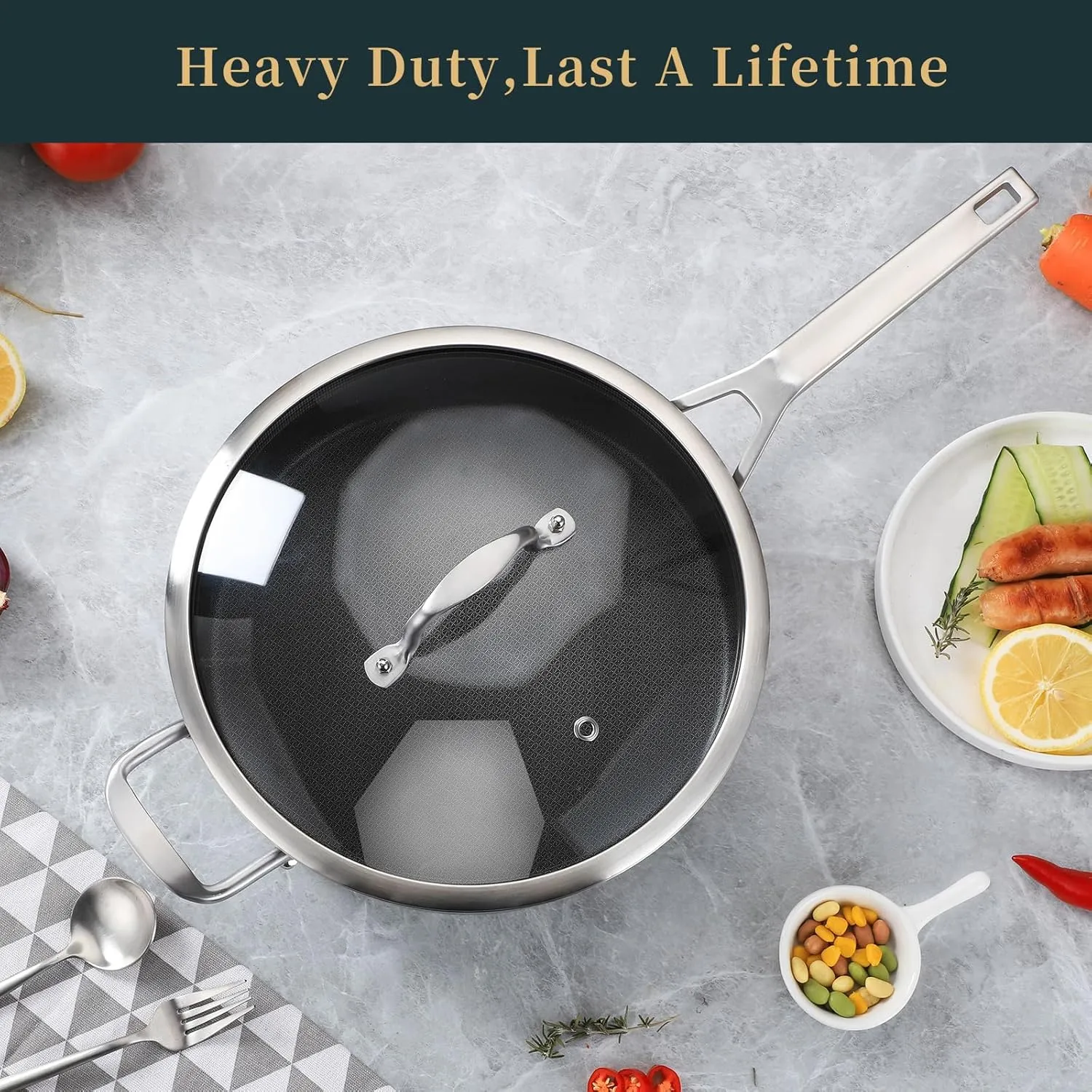 7 Quarts Saute Pan with Lids, Nonstick 12 Inch Deep Frying Pan, Tri-Ply Large Skillet with Lid with Stay Cool Handle, Dishwasher, Metal Utensil Safe, Suit for All Stove Up to 600℉ Compatible