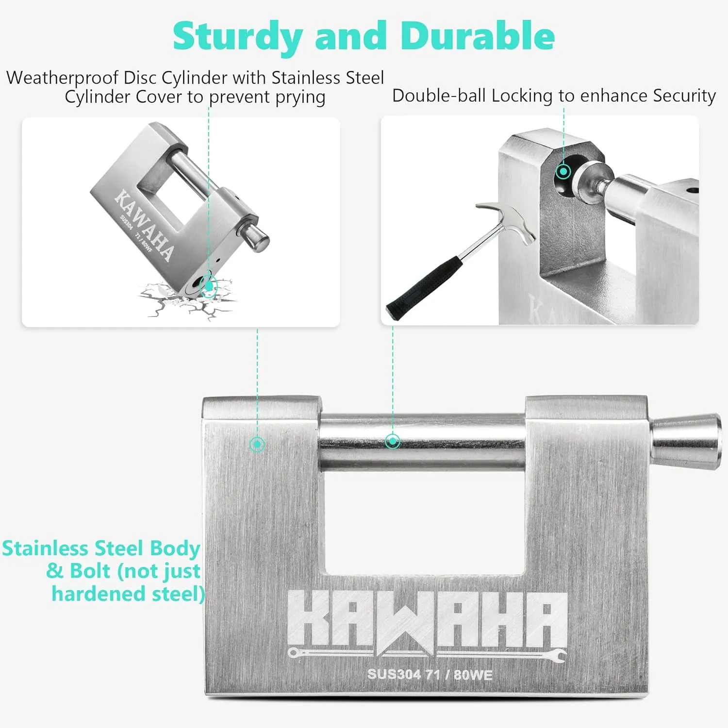 71/80KD-5SK Stainless Steel D-Shaped Heavy Duty Padlock with Key for Garage Door, Containers, Shed and Warehouse (3-1/8 inch, Keyed Different - 5 Stainless Steel Keys)