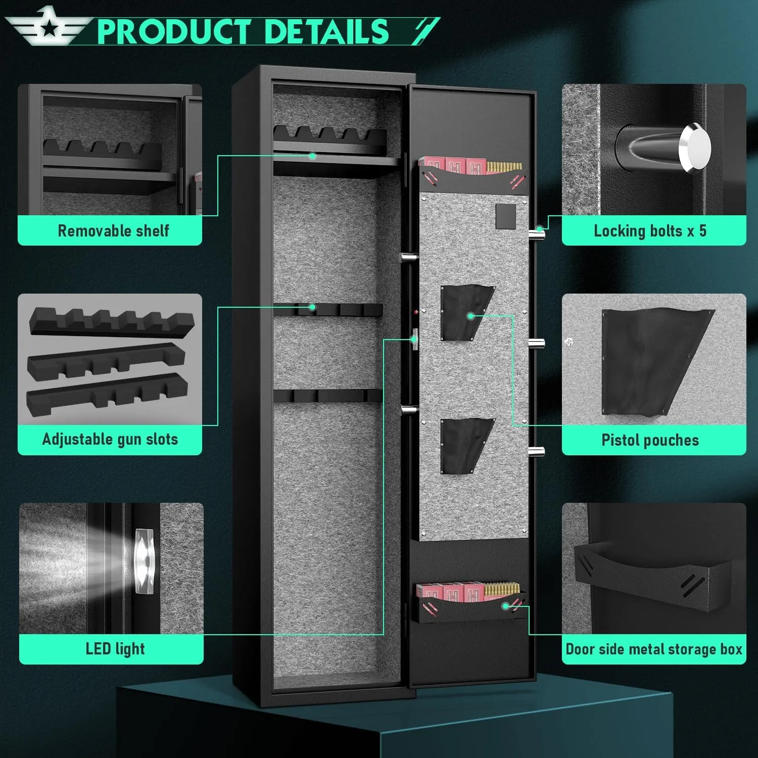 8-12 Gun Safe, Digital Large Long Gun Safe for Home Rifle and Shotguns, Quick Access Gun Cabinets with LED Light, Rifle Gun Safes with Adjustable Gun Rack and Removable Shelf