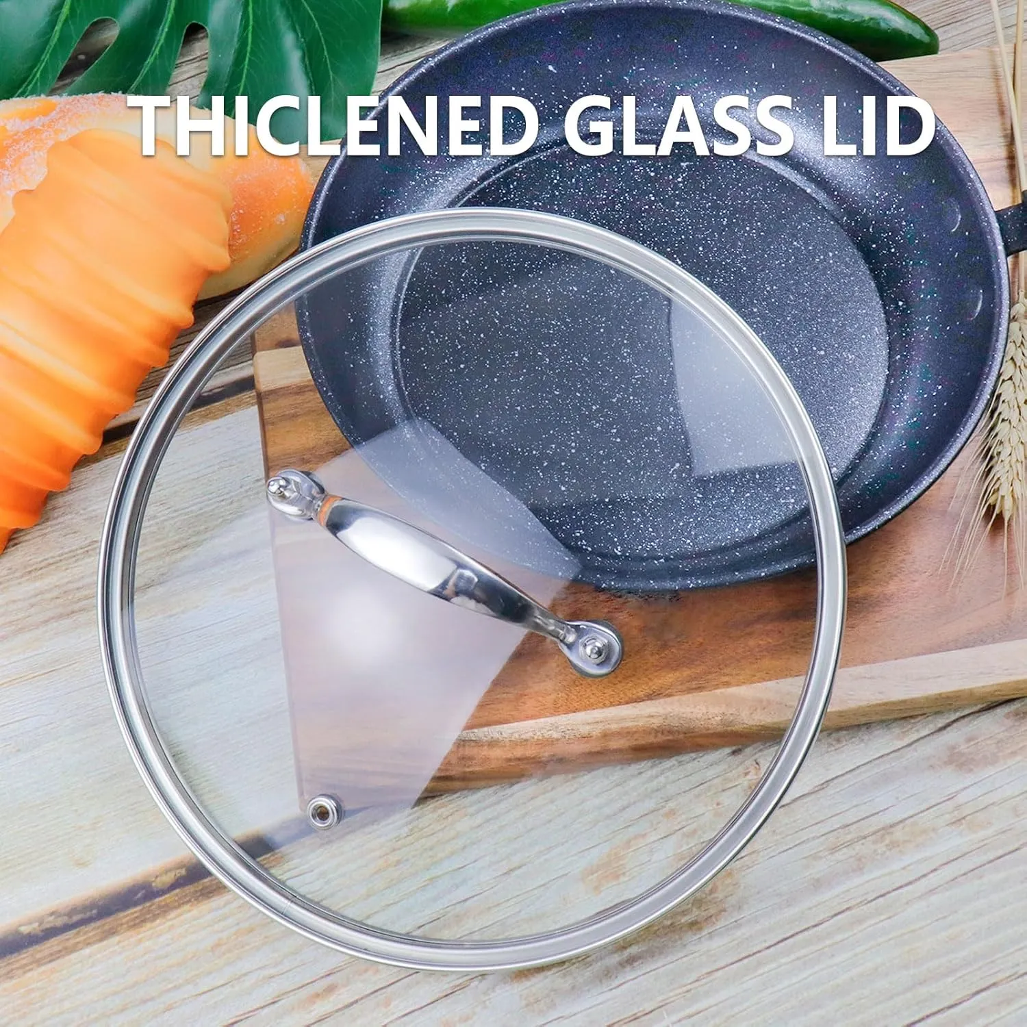 9 Inch Clear Glass Pot Lid for Frying Pan Replacement Cover Can Withstand 356°F (180℃) with Stainless Steel Arch Bridge Handle,Bright Silver