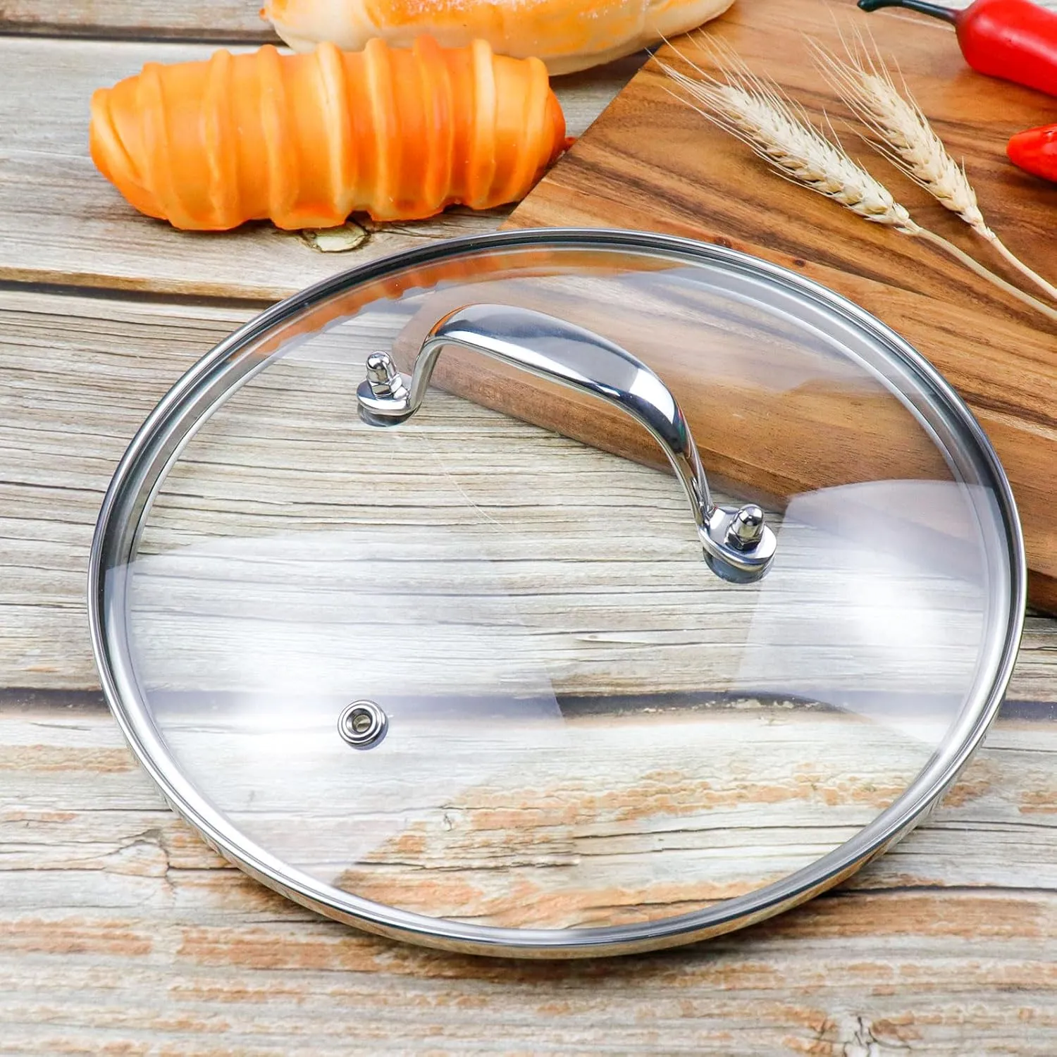 9 Inch Clear Glass Pot Lid for Frying Pan Replacement Cover Can Withstand 356°F (180℃) with Stainless Steel Arch Bridge Handle,Bright Silver