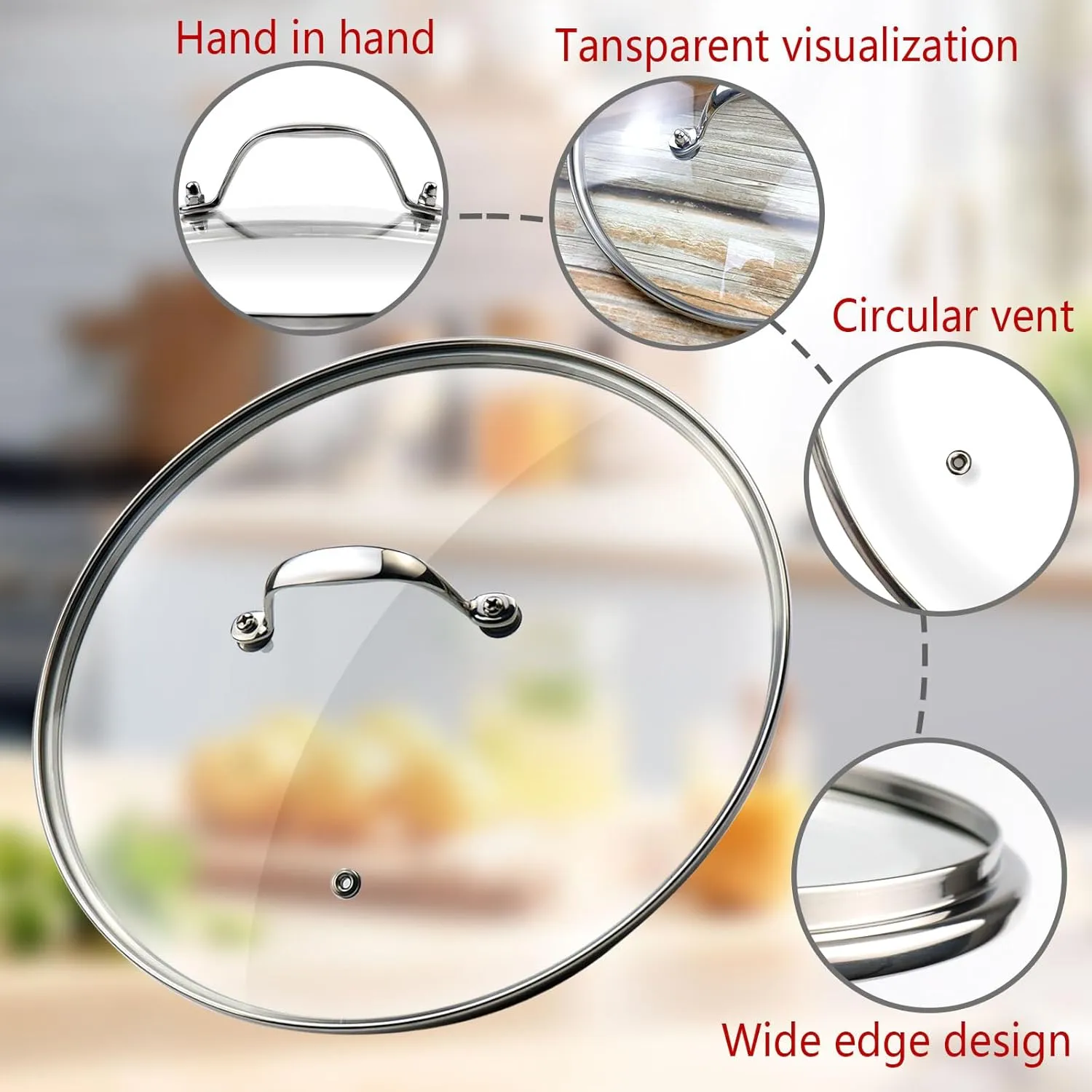 9 Inch Clear Glass Pot Lid for Frying Pan Replacement Cover Can Withstand 356°F (180℃) with Stainless Steel Arch Bridge Handle,Bright Silver