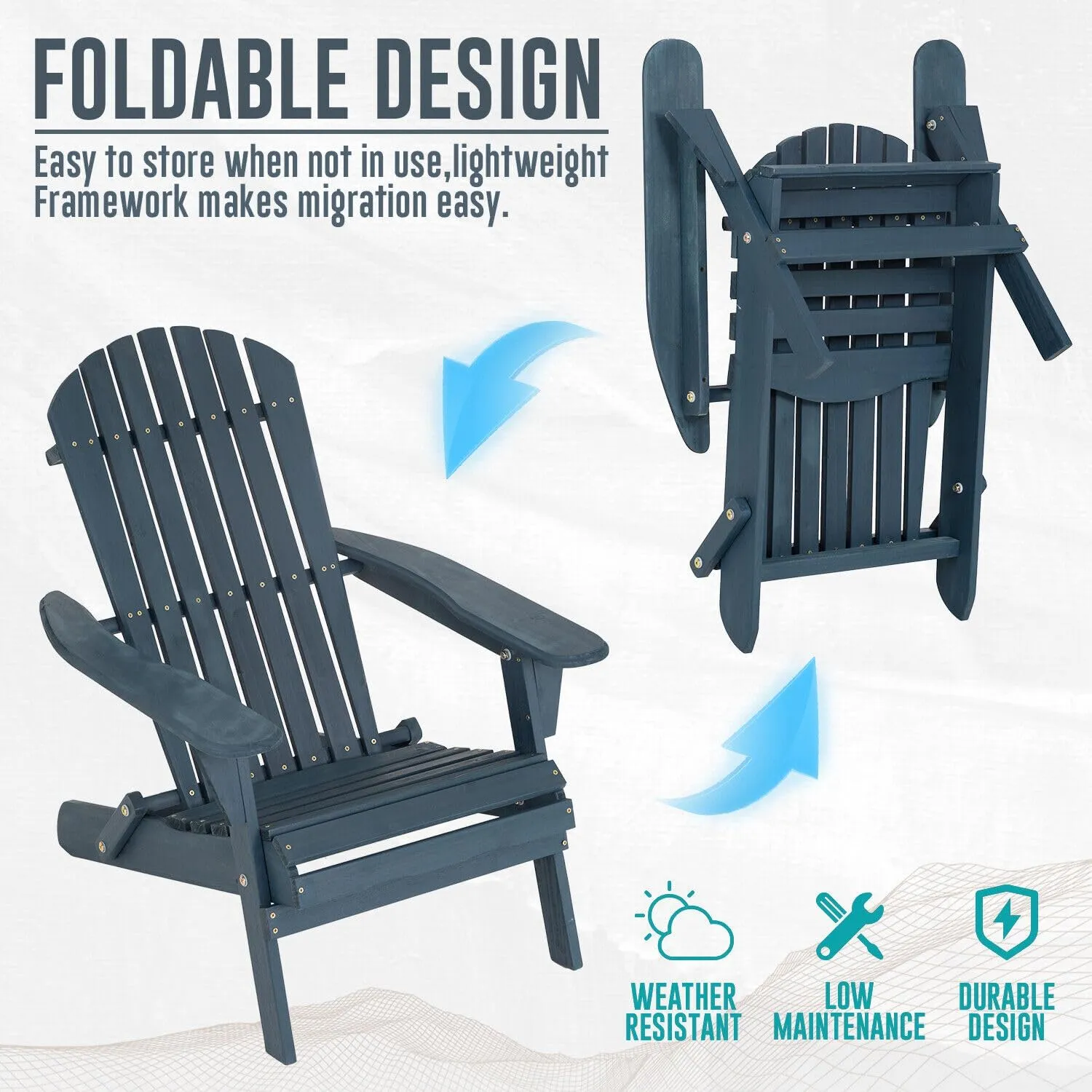 Adirondack Chair All Weather Fire Pit Lounge Chair Easy Assemble Folding Chair (Navy,Single)