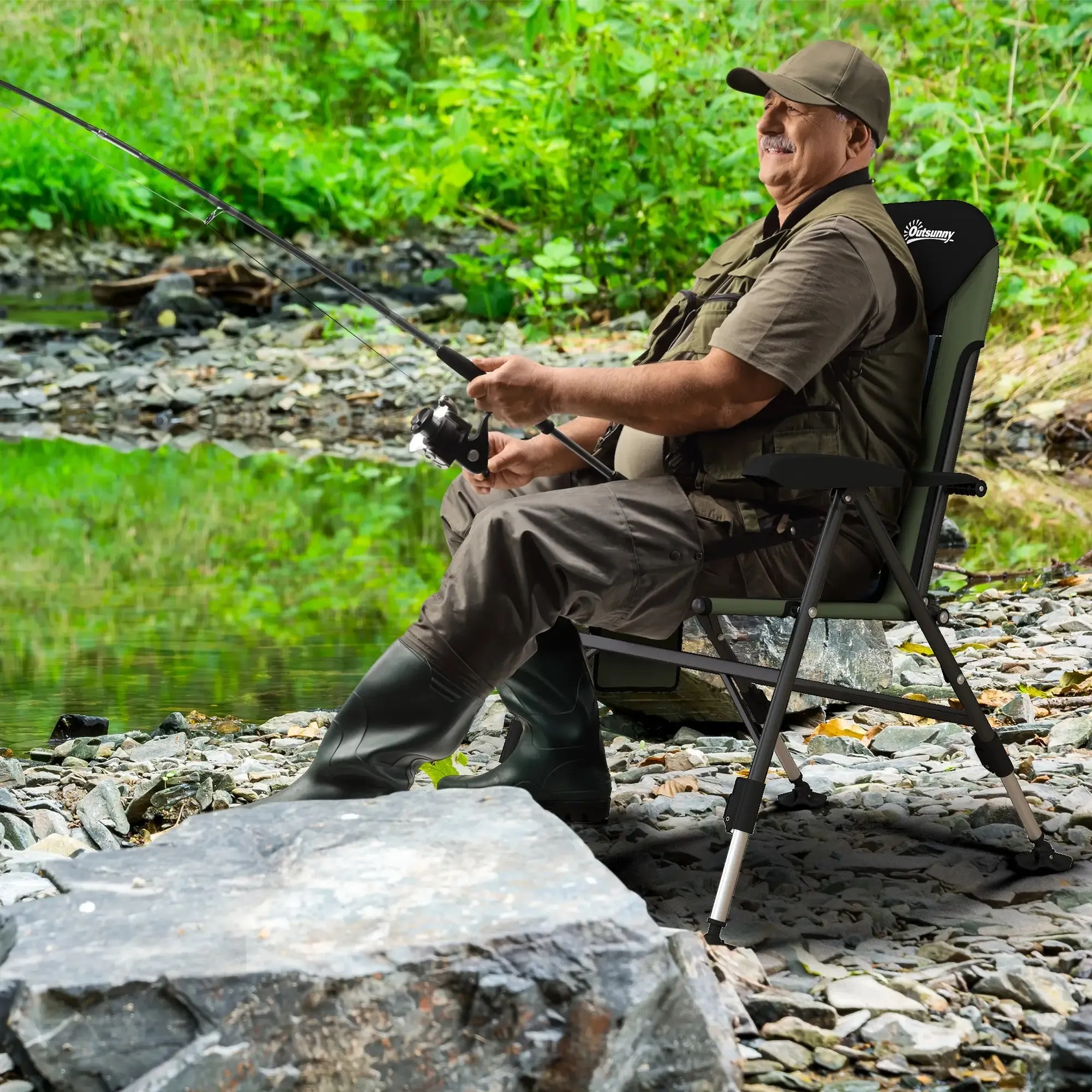 Adjustable - Frame Metal Professional service Legs Fishing With Green/Black Foldable Futuristic Chair, Outsunny