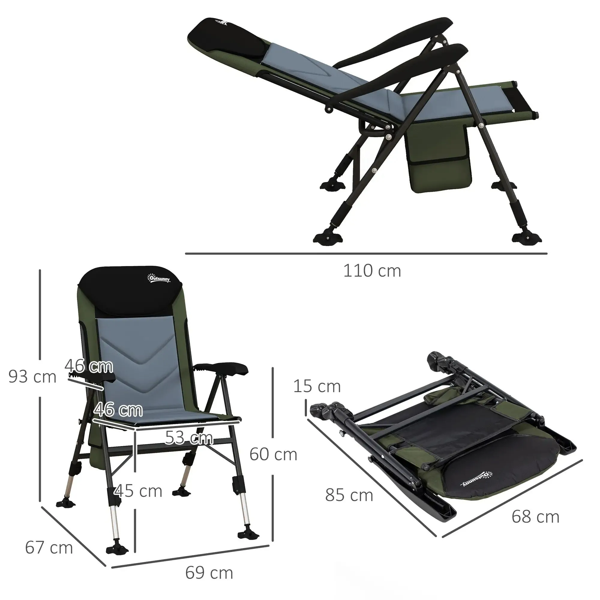 Adjustable - Frame Metal Professional service Legs Fishing With Green/Black Foldable Futuristic Chair, Outsunny