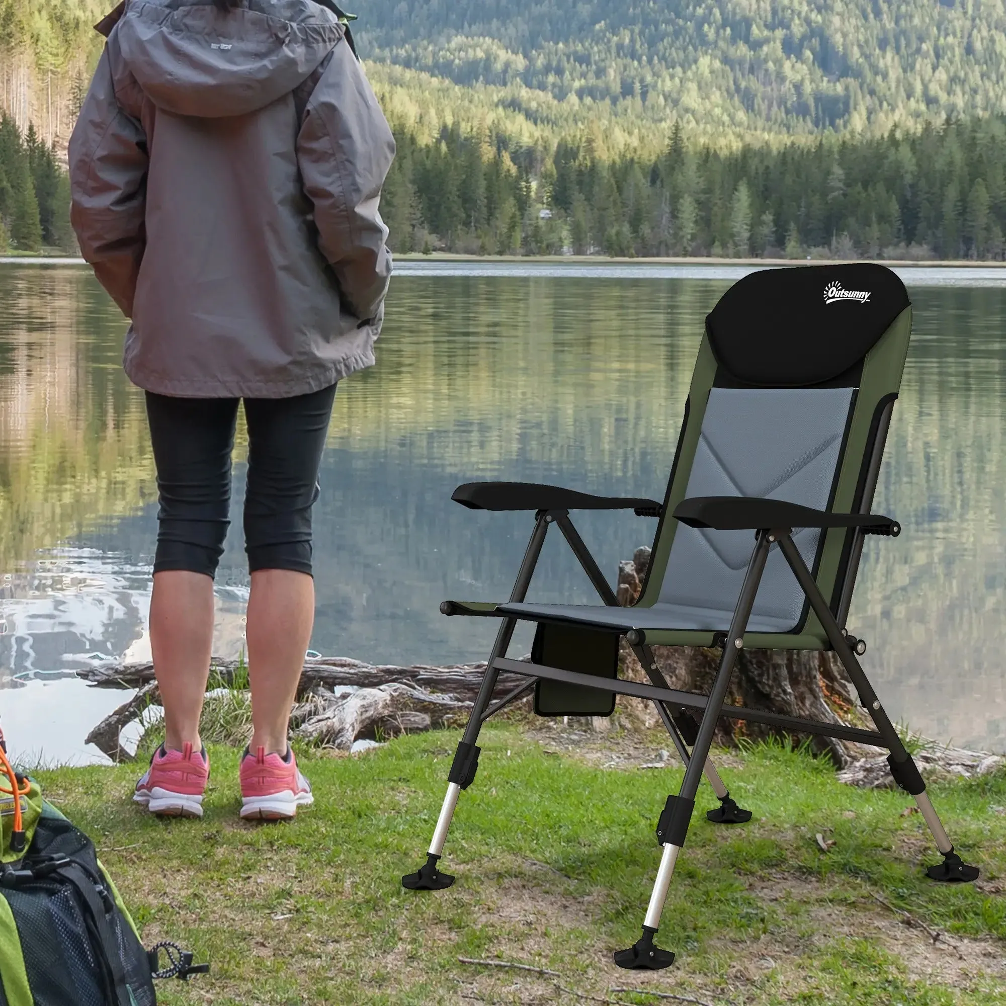 Adjustable - Frame Metal Professional service Legs Fishing With Green/Black Foldable Futuristic Chair, Outsunny