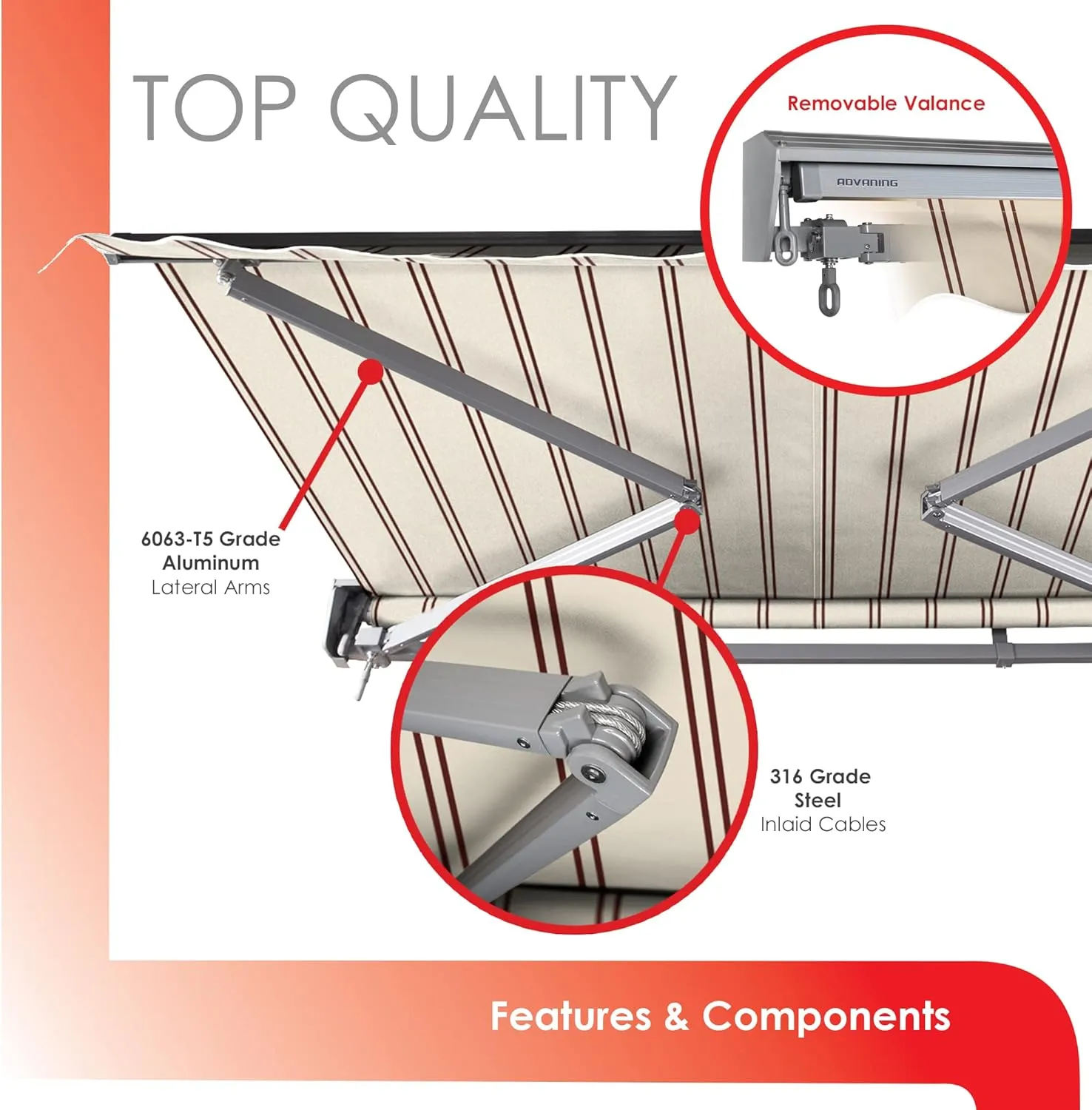 ADVANING Classic Series 12'X10' Electric Retractable Awning, 100% Acrylic UV  Sun Shade Canopy, Beige w/Brick Red Stripes, EA1210-A332H
