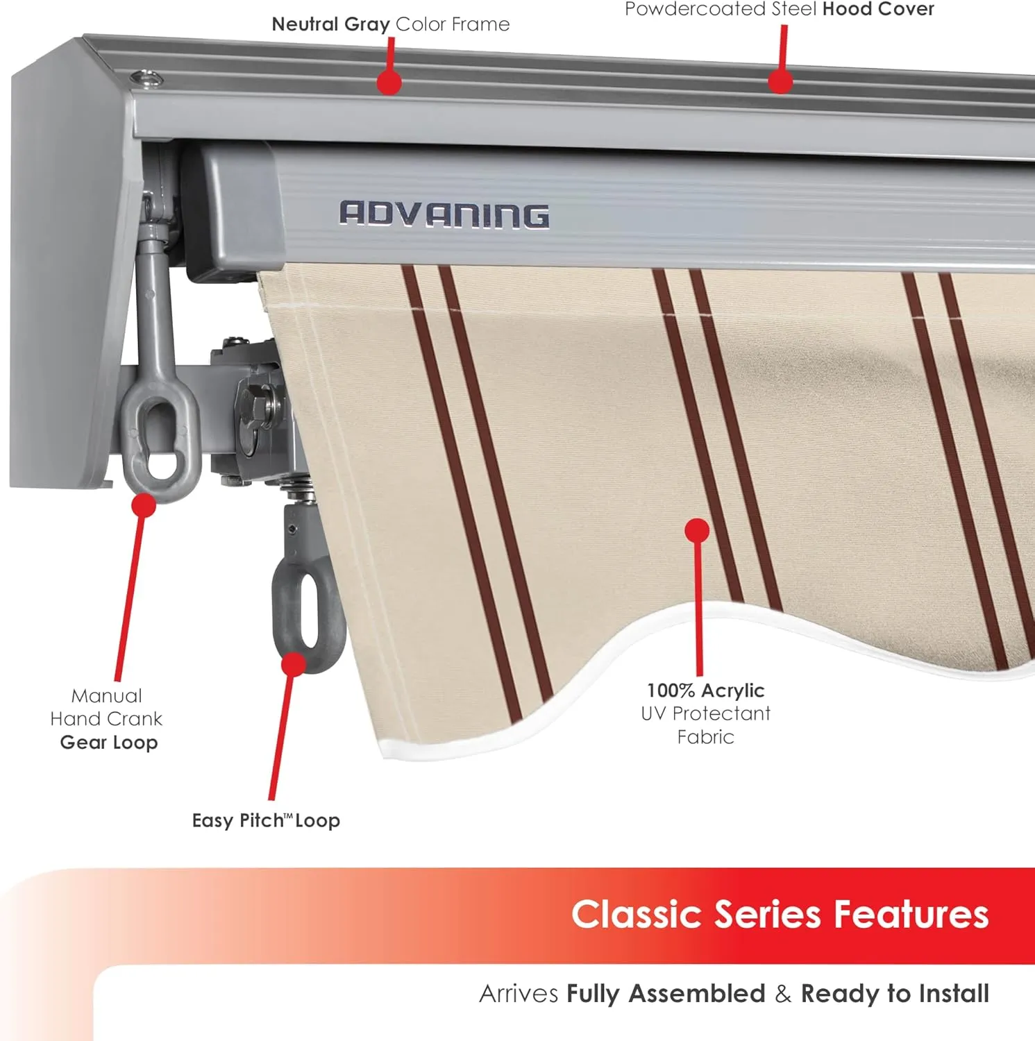 ADVANING Classic Series 12'X10' Electric Retractable Awning, 100% Acrylic UV  Sun Shade Canopy, Beige w/Brick Red Stripes, EA1210-A332H