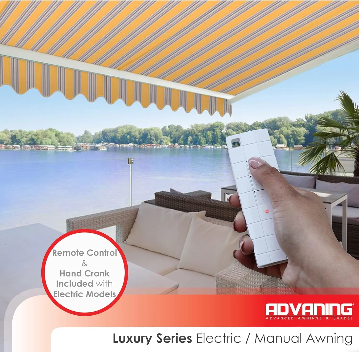 ADVANING Luxury Series, 10'x8' Electric Retractable Awning, Premium Quality Fully Assembled UV  Sun Shade Canopy, Sunny Yellow Stripes, EA1008-A423H2