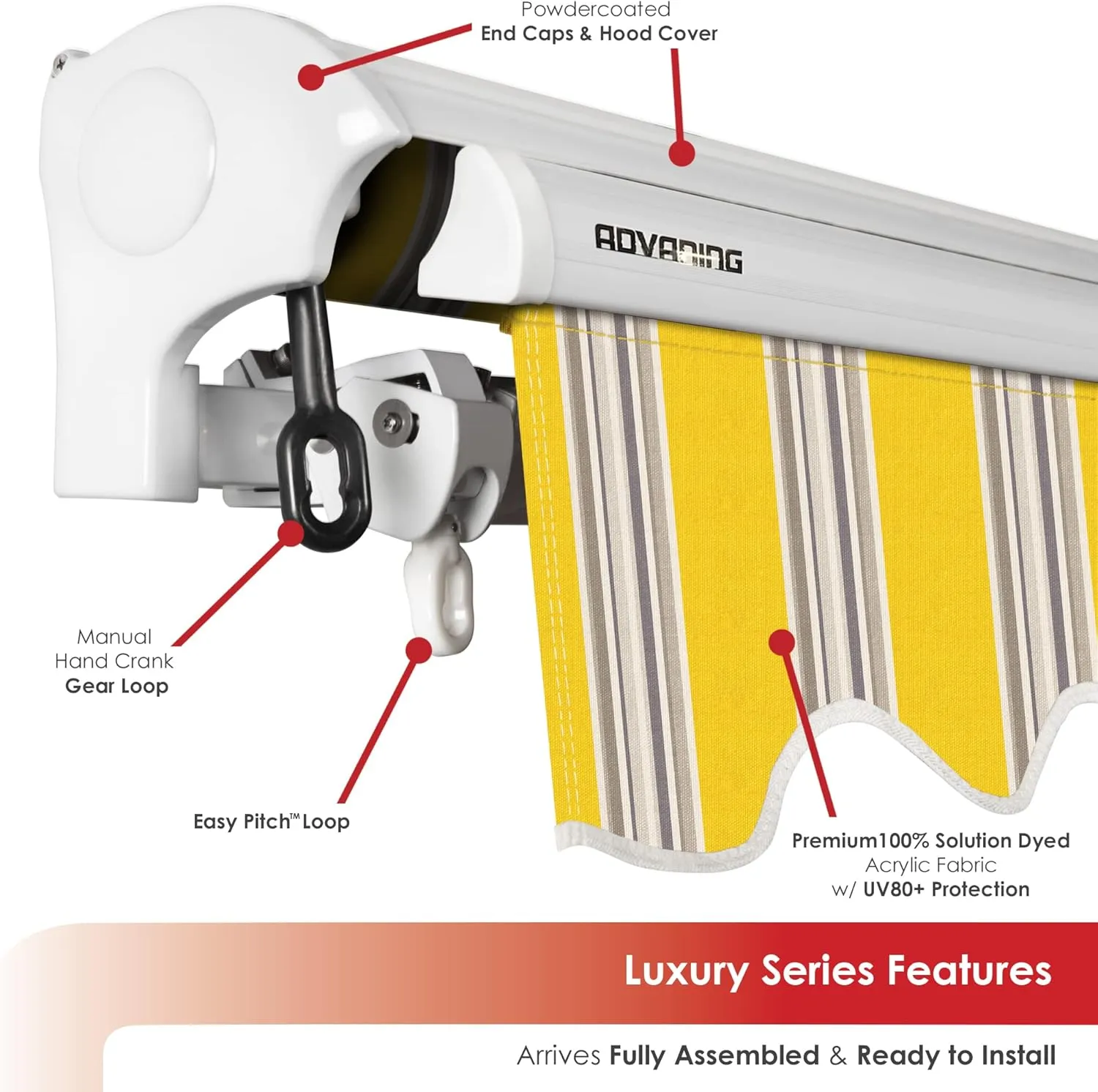ADVANING Luxury Series, 10'x8' Electric Retractable Awning, Premium Quality Fully Assembled UV  Sun Shade Canopy, Sunny Yellow Stripes, EA1008-A423H2