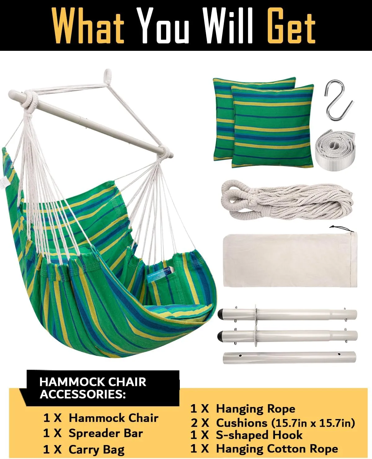 ADVOKAIR Hammock Chair Hanging Chair Swing Large Indoor with Anti-Slip Steel Spread Bar and Pocket-Max 500lbs-2 Cushions, Perfect for Bedroom,Outdoor,Patio, Porch,Backyard…