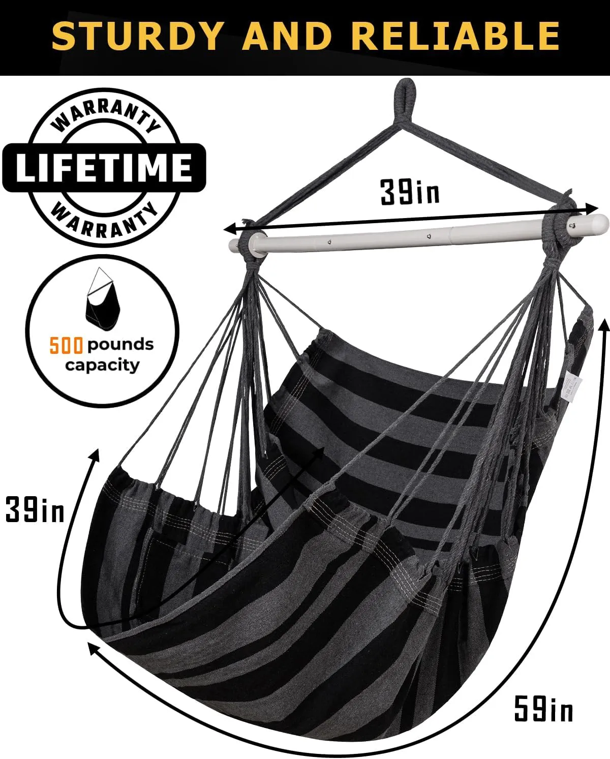 ADVOKAIR Hammock Chair Hanging Chair Swing Large Indoor with Anti-Slip Steel Spread Bar and Pocket-Max 500lbs-2 Cushions, Perfect for Bedroom,Outdoor,Patio, Porch,Backyard…