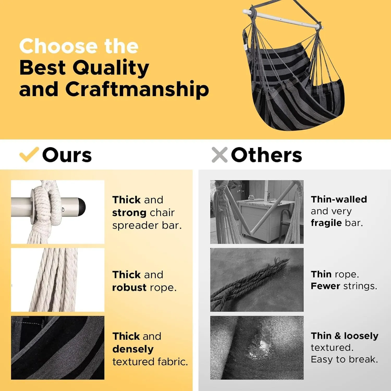 ADVOKAIR Hammock Chair Hanging Chair Swing Large Indoor with Anti-Slip Steel Spread Bar and Pocket-Max 500lbs-2 Cushions, Perfect for Bedroom,Outdoor,Patio, Porch,Backyard…