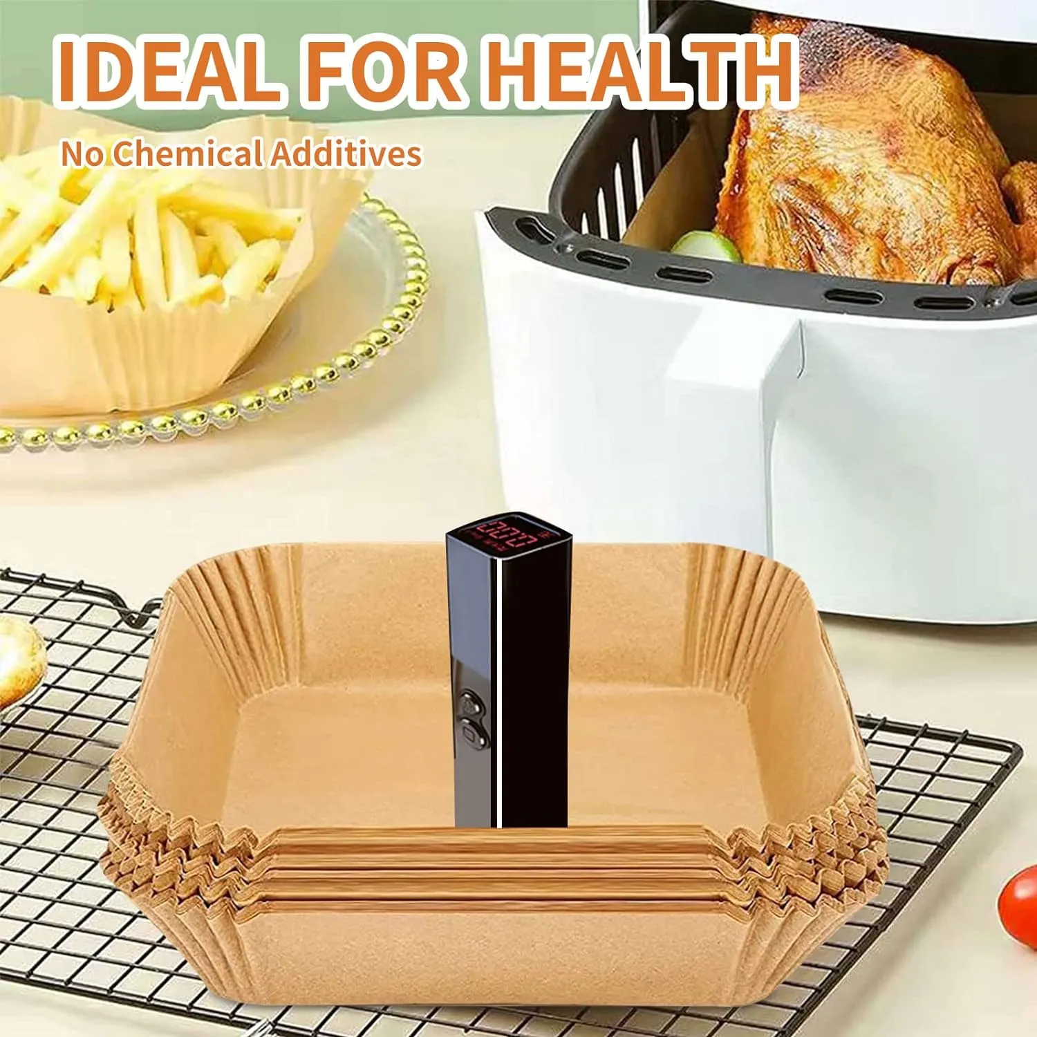 Air Fryer Disposable Paper Liner Square 9 Inch, 100PCS Large Paper Liners for 6-10QT Air fryer, Non-stick Parchment Paper for Frying, Steamer, Baking, Microwave Etc