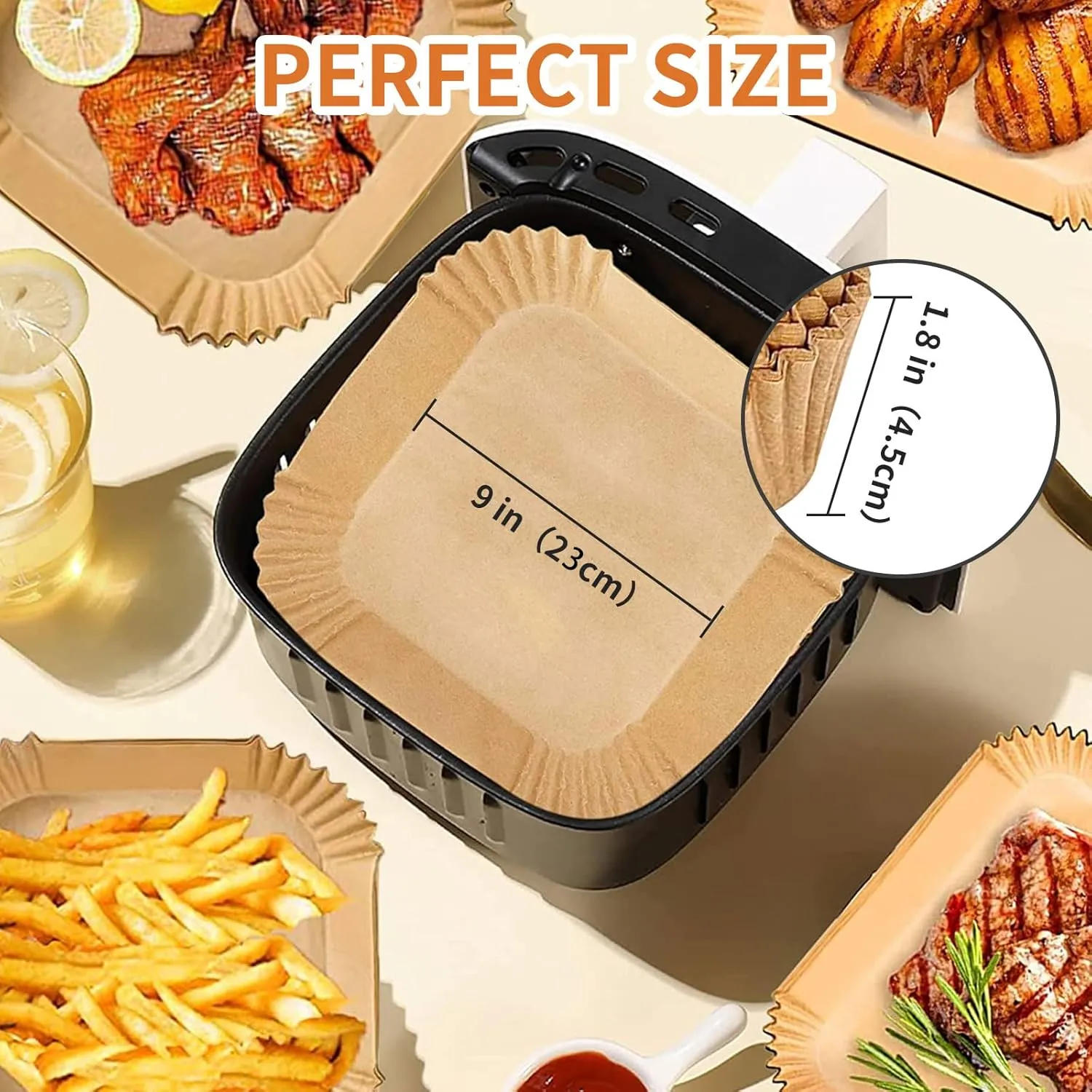 Air Fryer Disposable Paper Liner Square 9 Inch, 100PCS Large Paper Liners for 6-10QT Air fryer, Non-stick Parchment Paper for Frying, Steamer, Baking, Microwave Etc