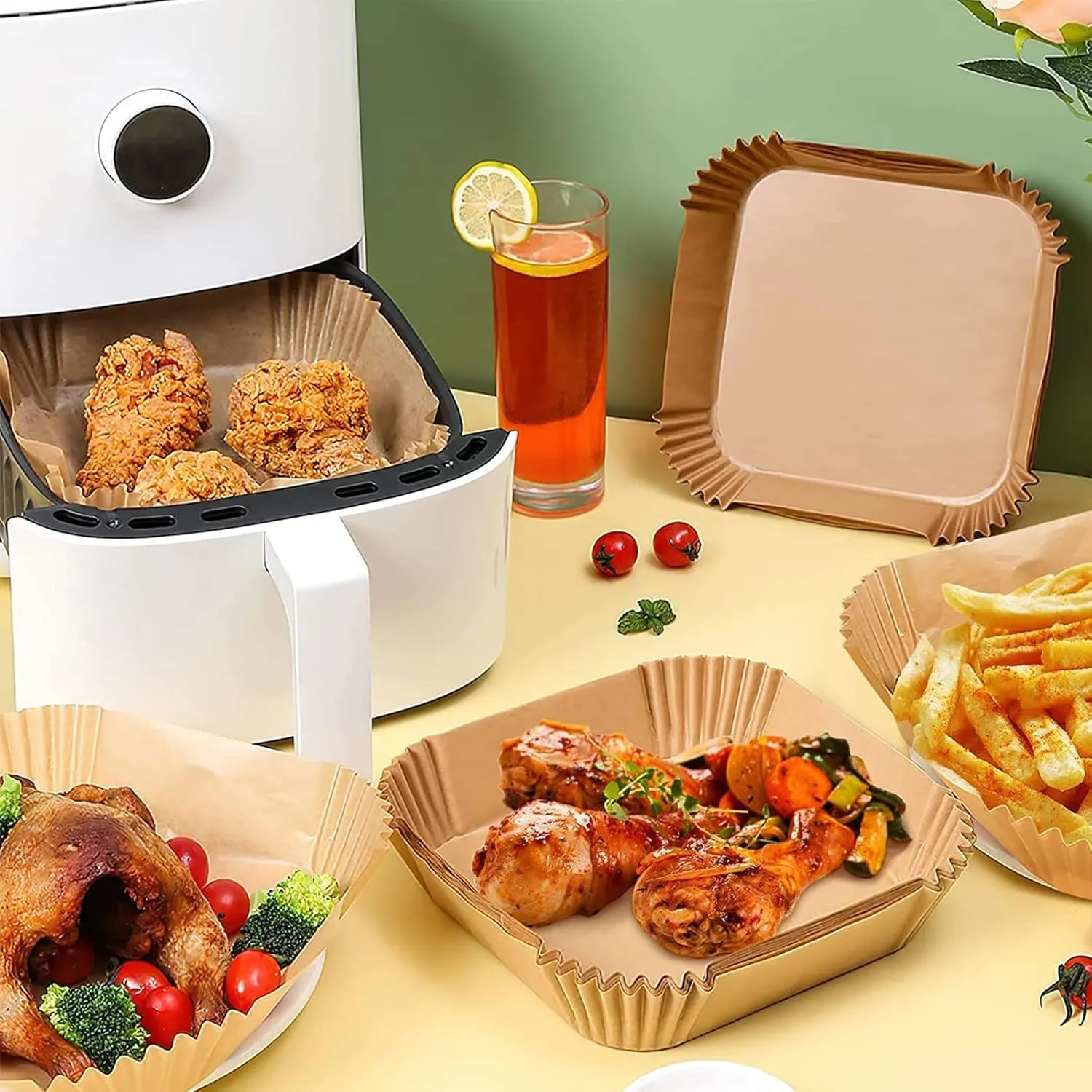 Air Fryer Disposable Paper Liner Square 9 Inch, 100PCS Large Paper Liners for 6-10QT Air fryer, Non-stick Parchment Paper for Frying, Steamer, Baking, Microwave Etc