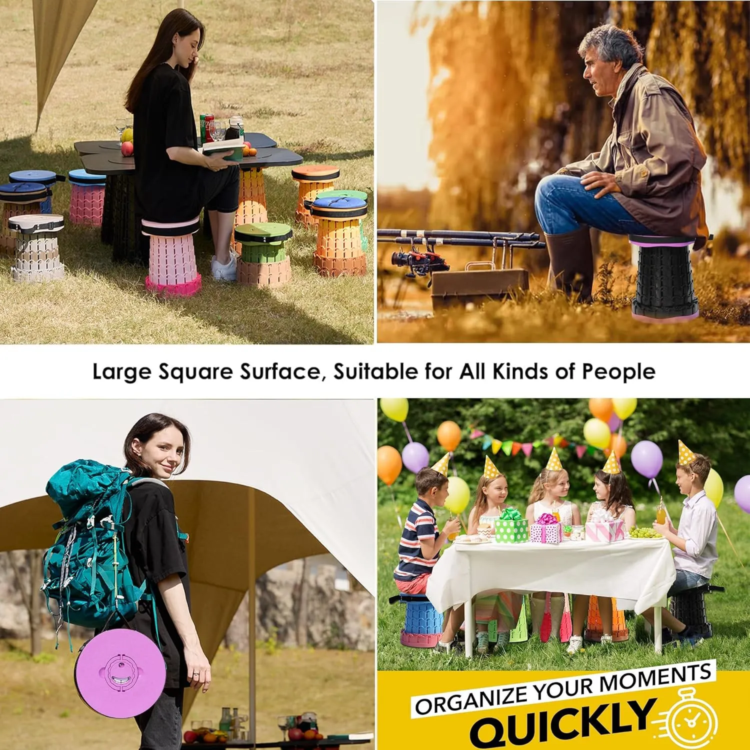 ALEVMOOM Upgraded Portable Collapsible Stool with Cushion,Telescoping Folding Stool for Adults,Yet More Sturdy Camping Stool with Load Capacity 1000lbs,for Outdoor Garden Hiking BBQ