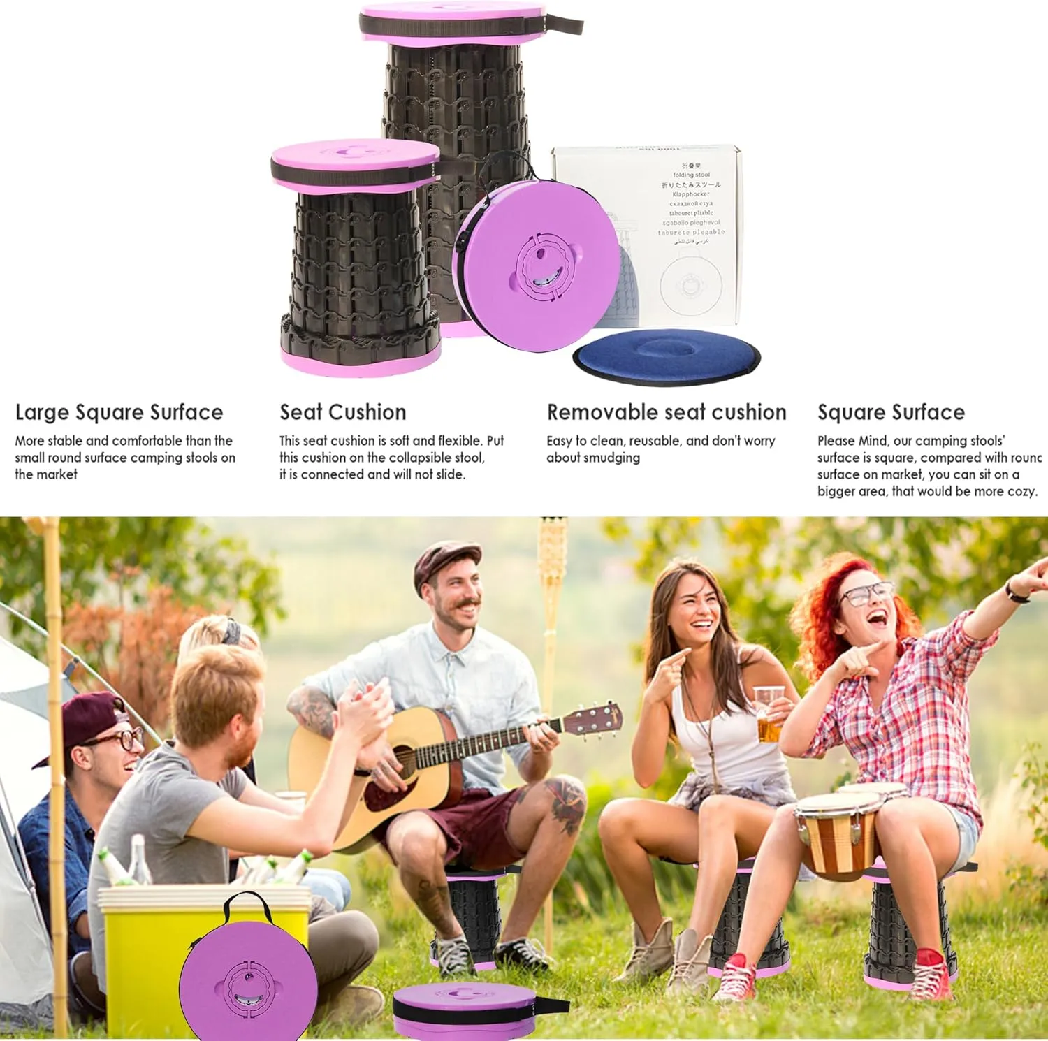 ALEVMOOM Upgraded Portable Collapsible Stool with Cushion,Telescoping Folding Stool for Adults,Yet More Sturdy Camping Stool with Load Capacity 1000lbs,for Outdoor Garden Hiking BBQ