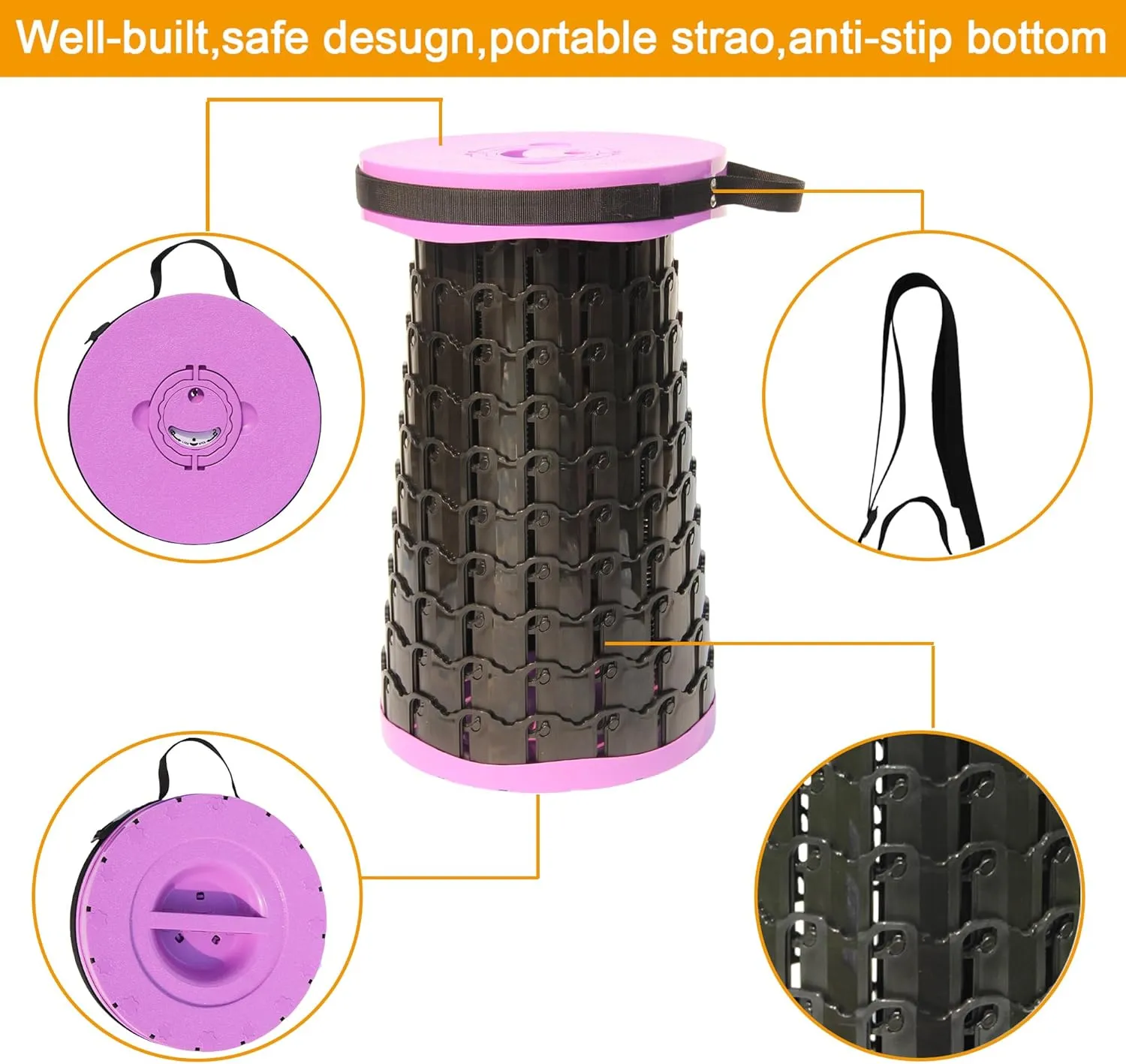 ALEVMOOM Upgraded Portable Collapsible Stool with Cushion,Telescoping Folding Stool for Adults,Yet More Sturdy Camping Stool with Load Capacity 1000lbs,for Outdoor Garden Hiking BBQ