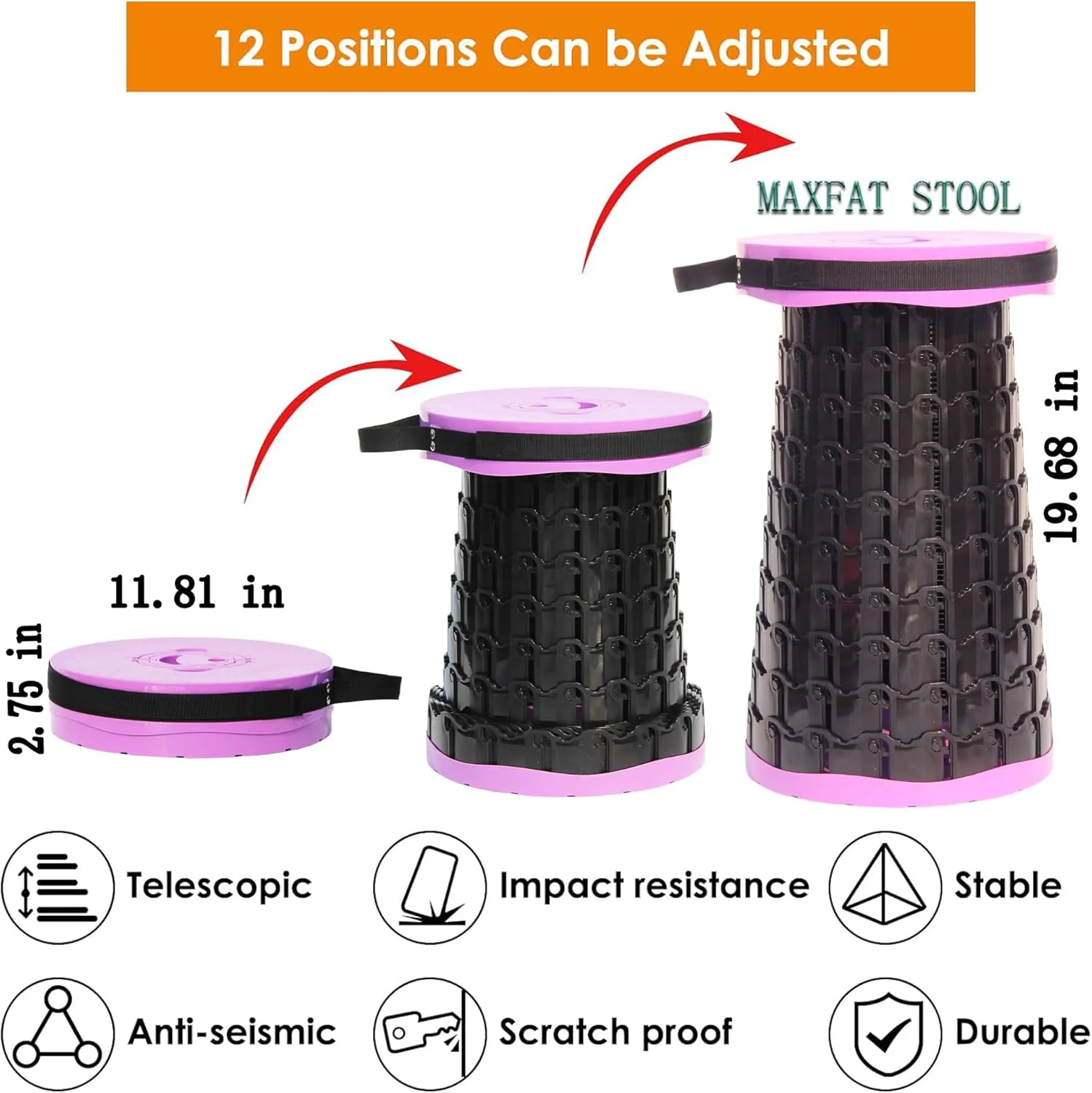 ALEVMOOM Upgraded Portable Collapsible Stool with Cushion,Telescoping Folding Stool for Adults,Yet More Sturdy Camping Stool with Load Capacity 1000lbs,for Outdoor Garden Hiking BBQ