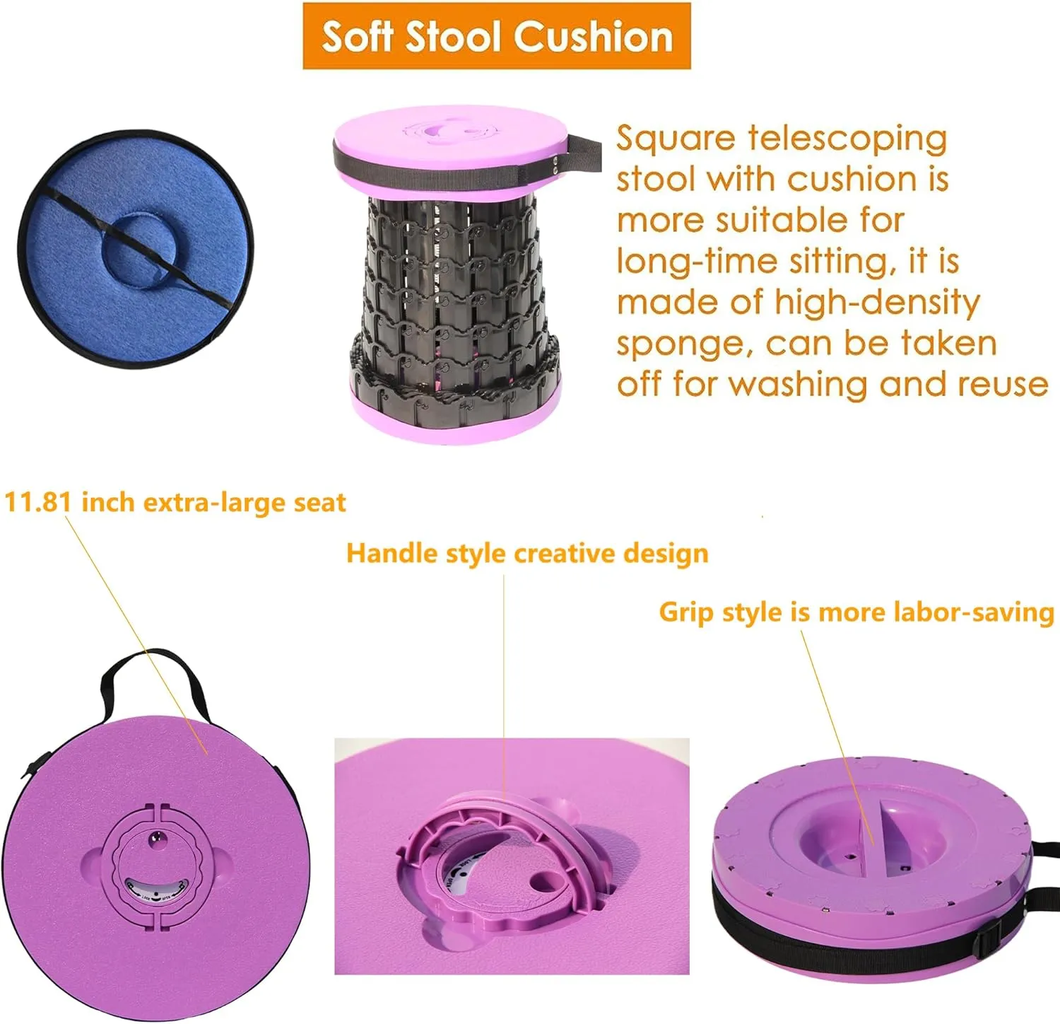 ALEVMOOM Upgraded Portable Collapsible Stool with Cushion,Telescoping Folding Stool for Adults,Yet More Sturdy Camping Stool with Load Capacity 1000lbs,for Outdoor Garden Hiking BBQ