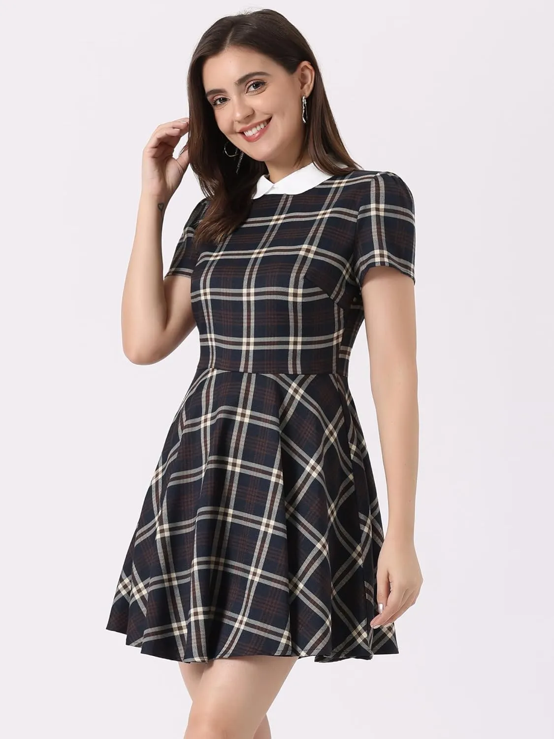 Allegra K Women's Plaid Grid Peter Pan Collar Contrast Christmas Xmas Party Short Sleeve A-line Dress
