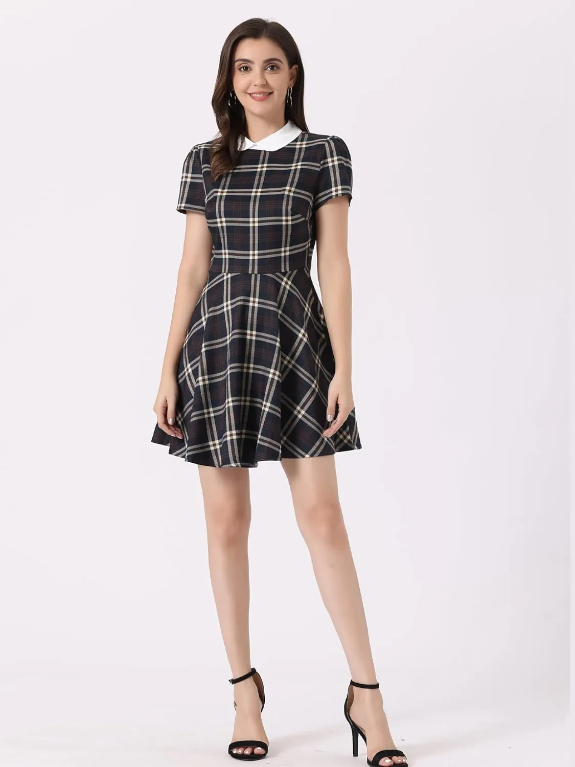 Allegra K Women's Plaid Grid Peter Pan Collar Contrast Christmas Xmas Party Short Sleeve A-line Dress