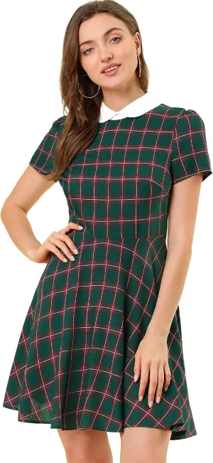 Allegra K Women's Plaid Grid Peter Pan Collar Contrast Christmas Xmas Party Short Sleeve A-line Dress