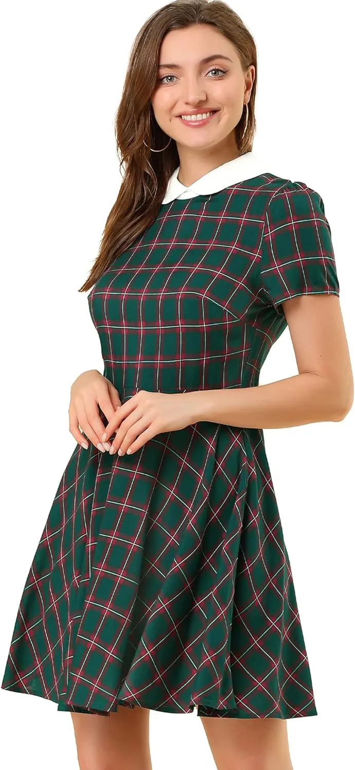 Allegra K Women's Plaid Grid Peter Pan Collar Contrast Christmas Xmas Party Short Sleeve A-line Dress