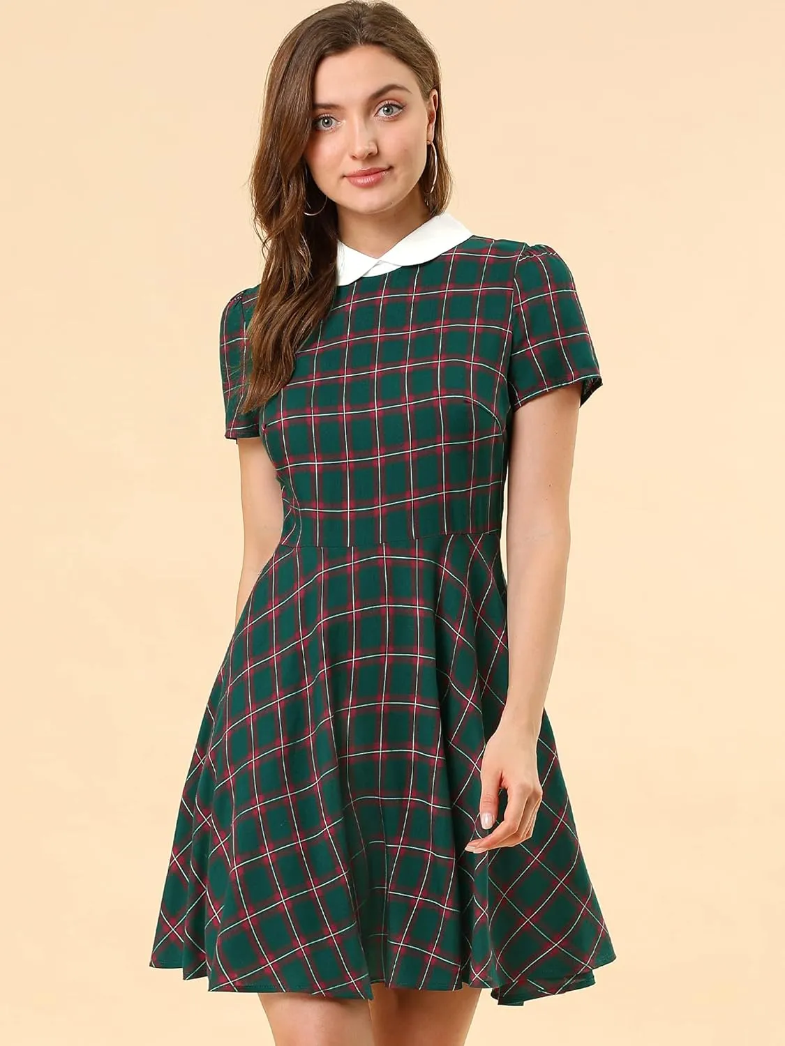 Allegra K Women's Plaid Grid Peter Pan Collar Contrast Christmas Xmas Party Short Sleeve A-line Dress