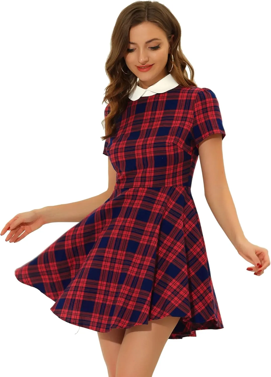Allegra K Women's Plaid Grid Peter Pan Collar Contrast Christmas Xmas Party Short Sleeve A-line Dress