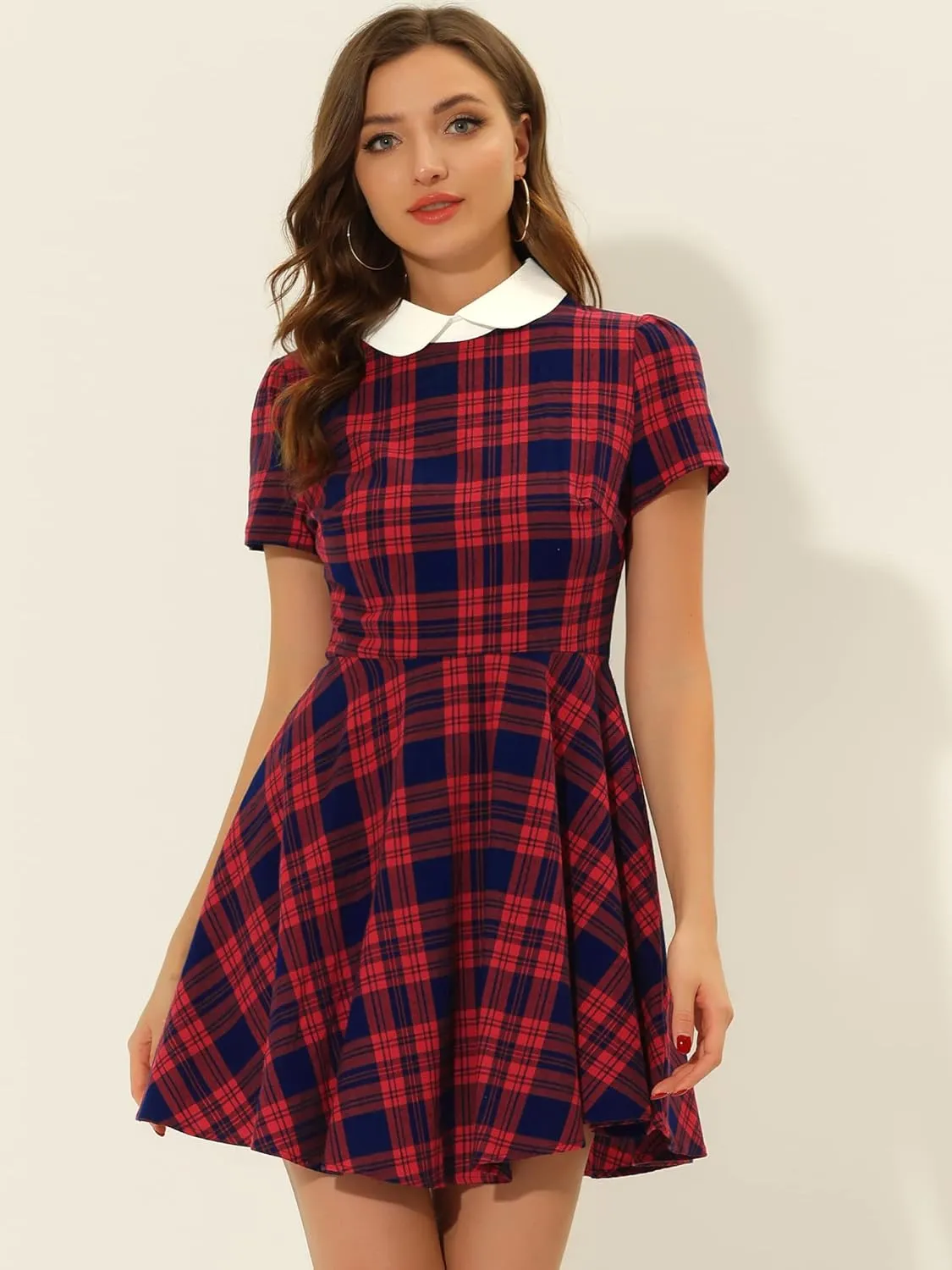 Allegra K Women's Plaid Grid Peter Pan Collar Contrast Christmas Xmas Party Short Sleeve A-line Dress