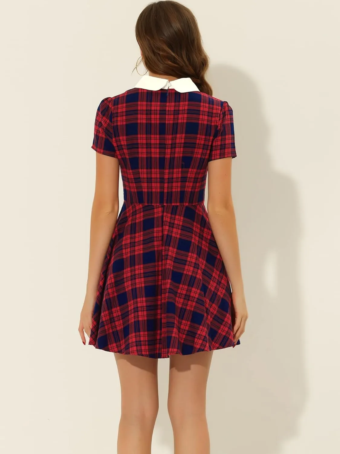 Allegra K Women's Plaid Grid Peter Pan Collar Contrast Christmas Xmas Party Short Sleeve A-line Dress