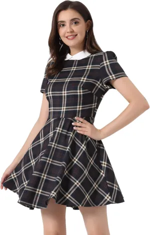 Allegra K Women's Plaid Grid Peter Pan Collar Contrast Christmas Xmas Party Short Sleeve A-line Dress