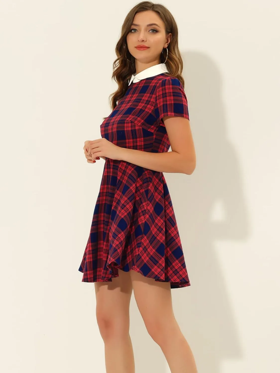 Allegra K Women's Plaid Grid Peter Pan Collar Contrast Christmas Xmas Party Short Sleeve A-line Dress