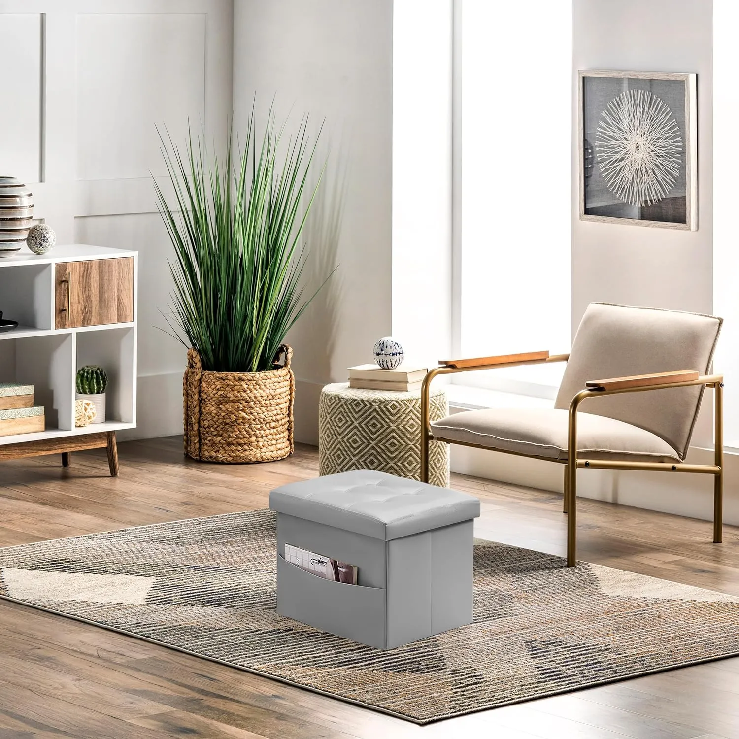 AmasSmile Storage Ottoman Folding Foot Rest Stool with Side Pocket, 16 inch Leather Footstool Bench, Short Ottoman Bench, Storage Foot Rest Store, Books, Grey