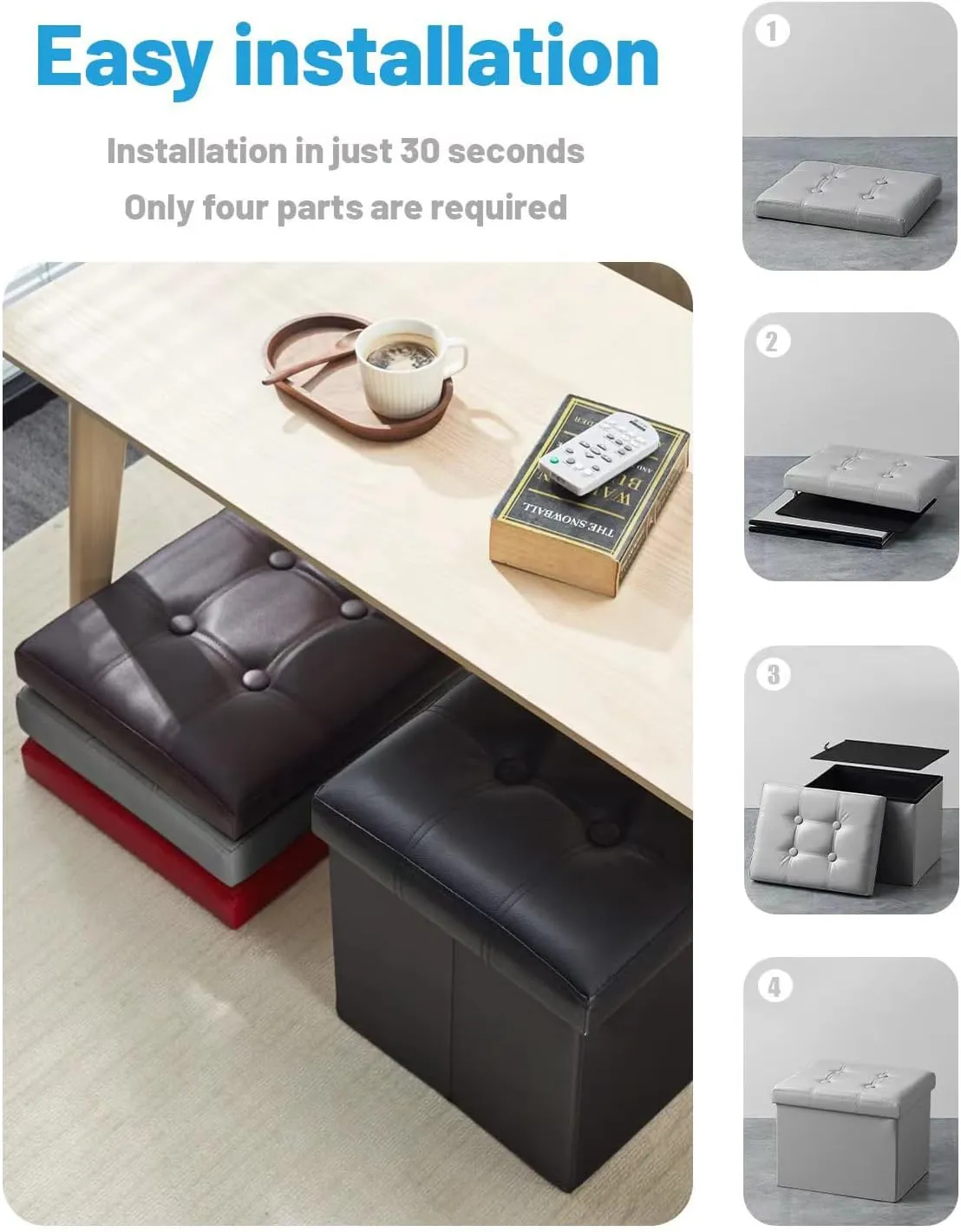 AmasSmile Storage Ottoman Folding Foot Rest Stool with Side Pocket, 16 inch Leather Footstool Bench, Short Ottoman Bench, Storage Foot Rest Store, Books, Grey