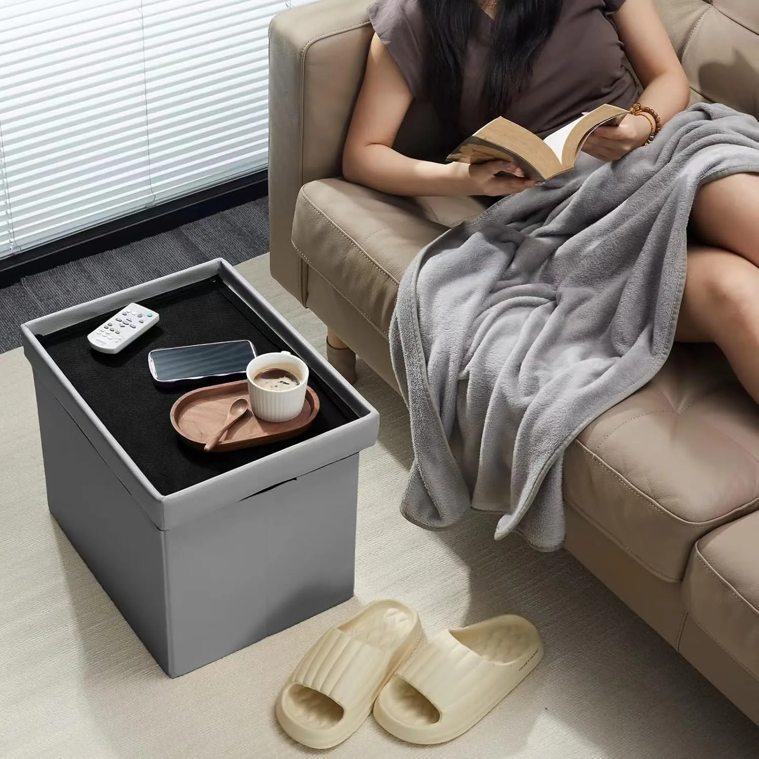 AmasSmile Storage Ottoman Folding Foot Rest Stool with Side Pocket, 16 inch Leather Footstool Bench, Short Ottoman Bench, Storage Foot Rest Store, Books, Grey