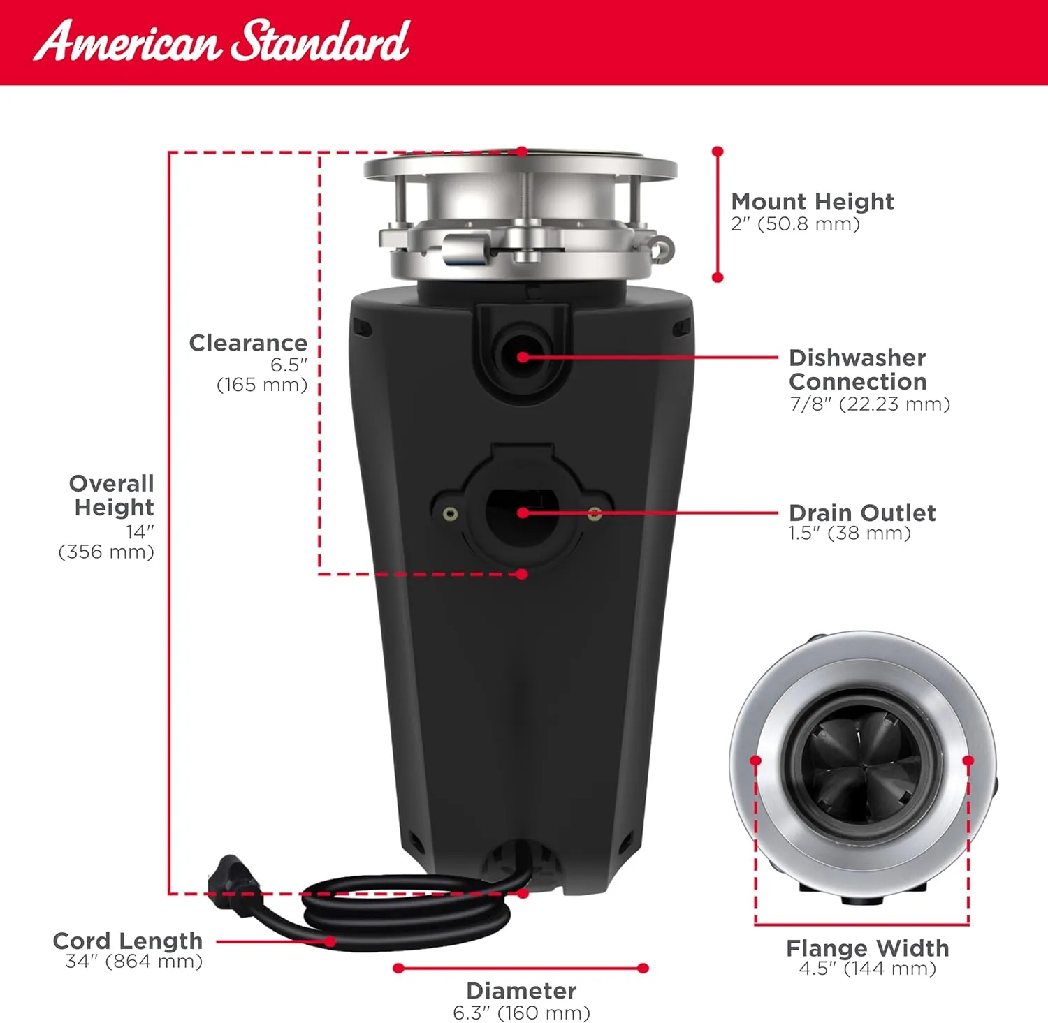 American Standard 10-US-AS-12-SL Garbage Disposer, 1.25 HP Slim, Black